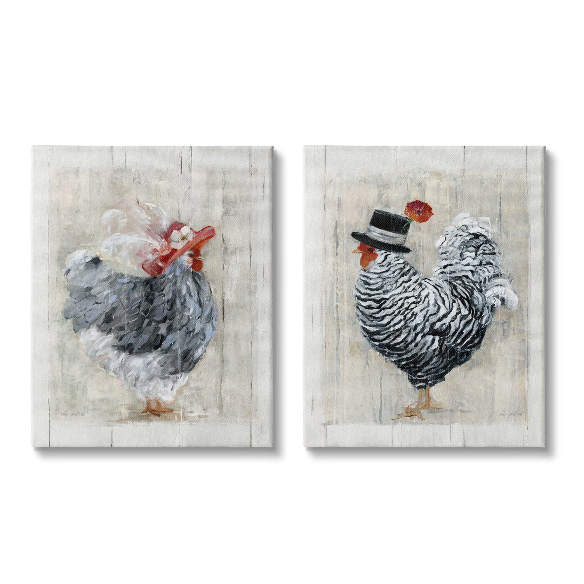 Stupell Industries Farm Rooster and Hen Vintage Birds Brim Hats, 24 x 30, Design by Sally Swatland