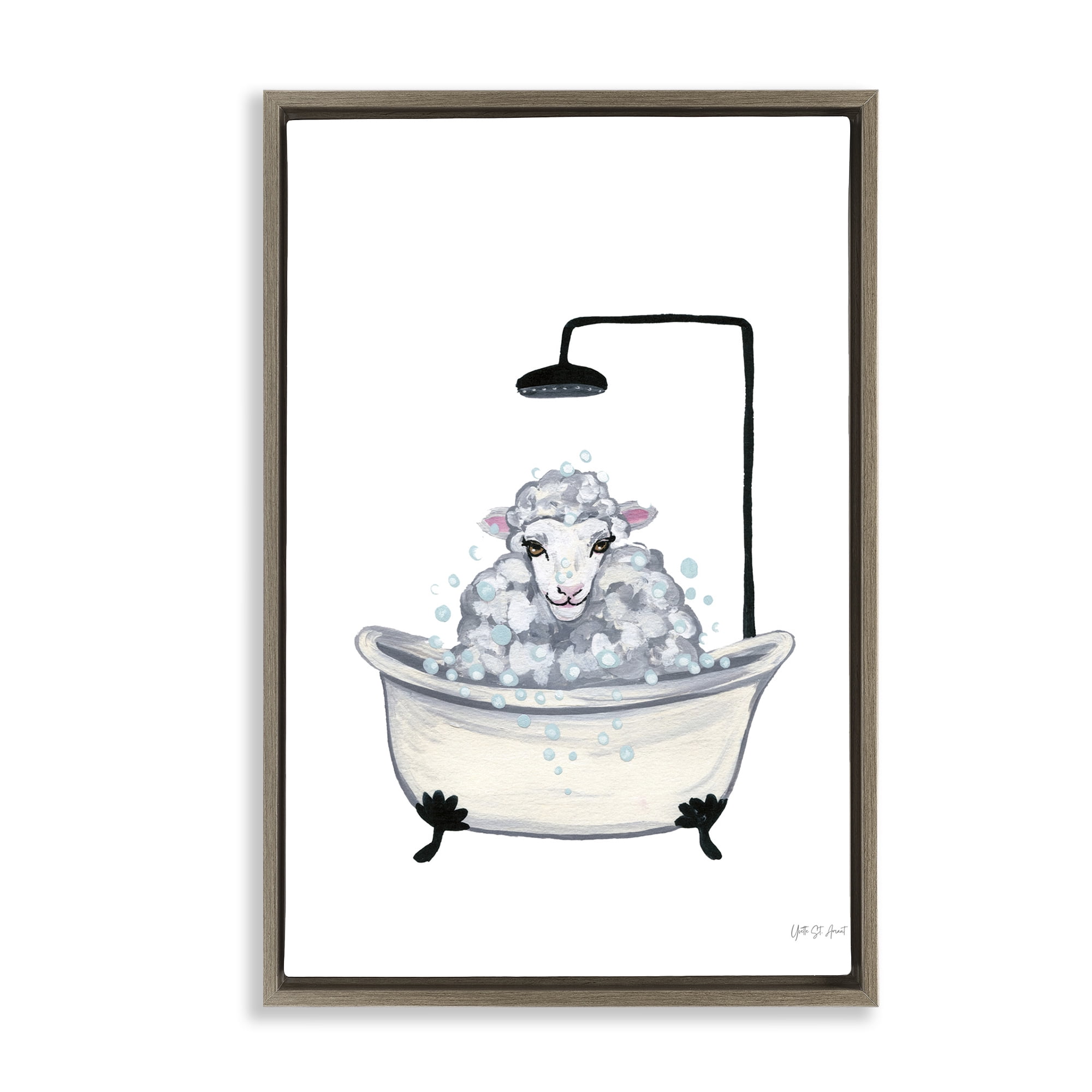 Stupell Industries Farm Sheep Bathtub Typography Painting Brown Floater Framed Canvas Art Print Wall Art, 21 x 31