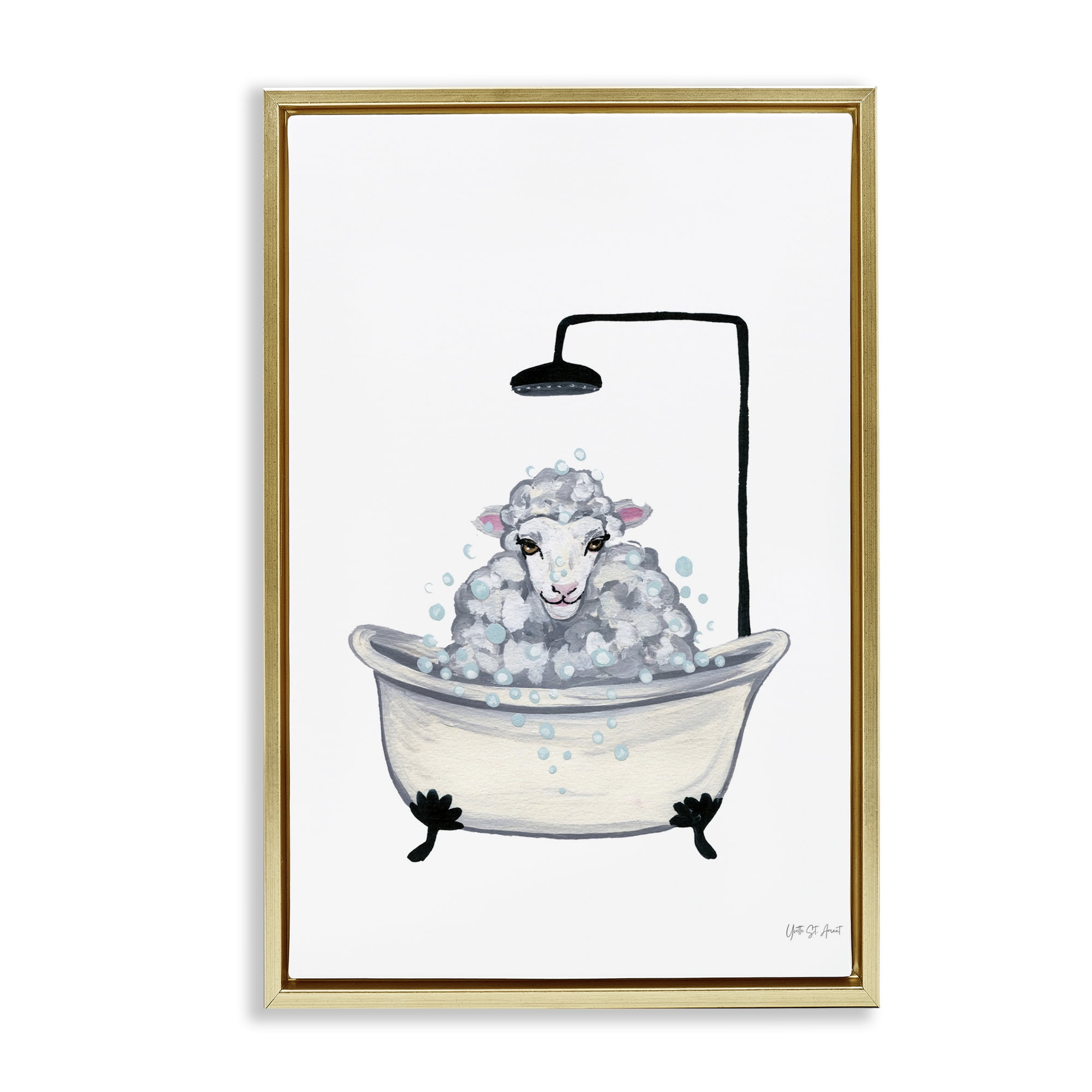 Stupell Industries Farm Sheep Bathtub Typography Painting Gold Floater Framed Canvas Art Print Wall Art, 17 x 25