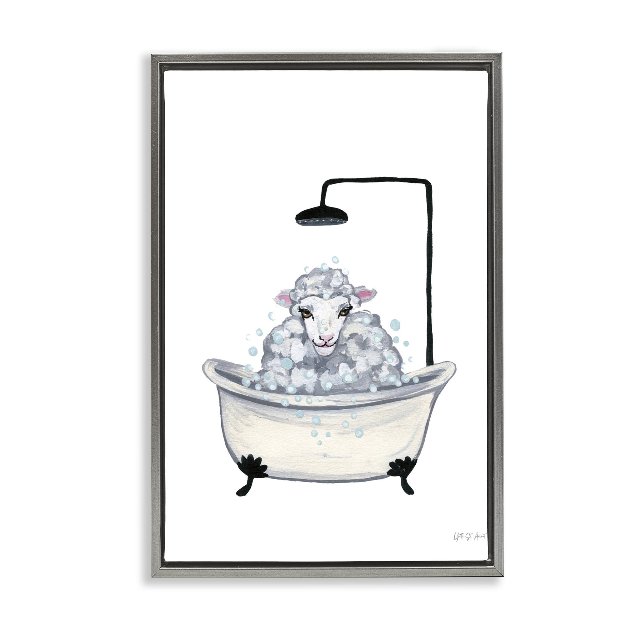 Stupell Industries Farm Sheep Bathtub Typography Painting Gray Floater Framed Canvas Art Print Wall Art, 21 x 31