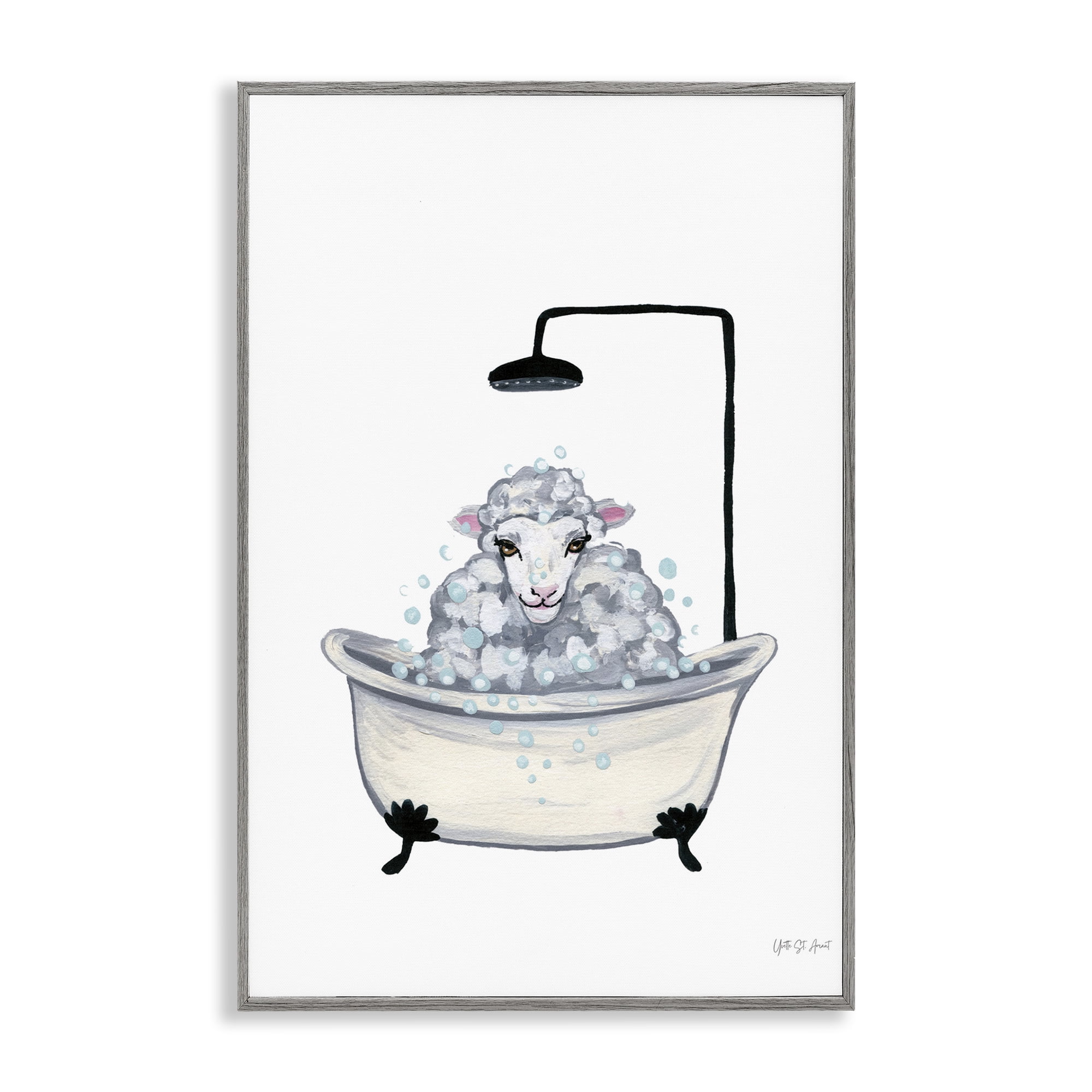 Stupell Industries Farm Sheep Bathtub Typography Painting Gray Framed Art Print Wall Art, 20 x 30