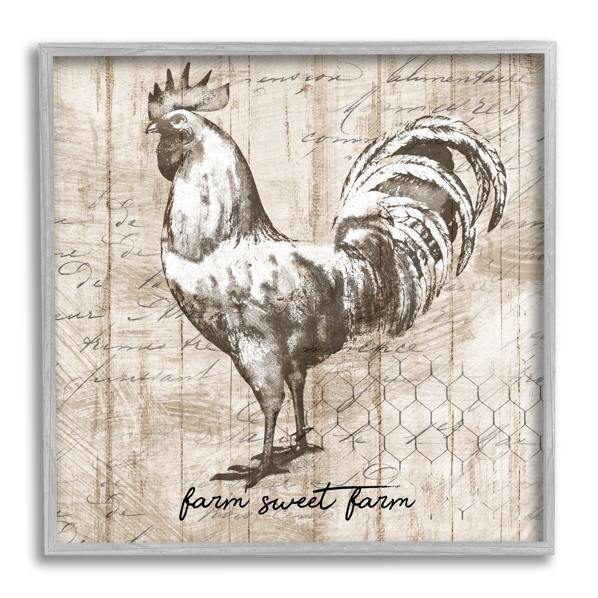 Stupell Industries Farm Sweet Farm Phrase Vintage Rooster and Text Animals & Insects Painting Gray Framed Art Print Wall Art, 24 x 24