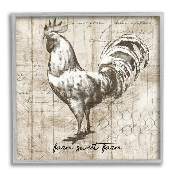 Stupell Industries Farm Sweet Farm Phrase Vintage Rooster and Text Animals & Insects Painting Gray Framed Art Print Wall Art, 24 x 24