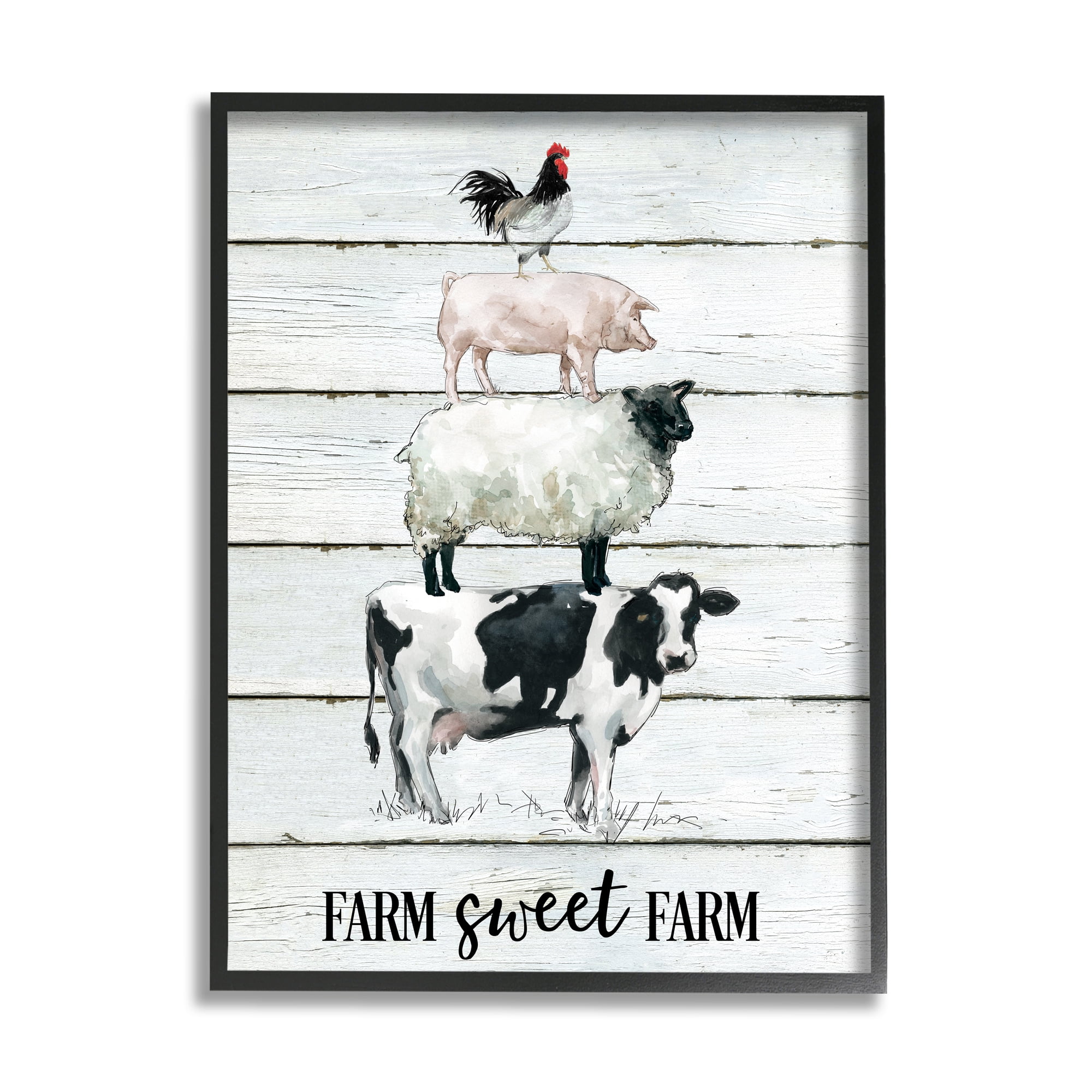 Stupell Industries Farm Sweet Farm Sentiment Cow Sheep Pig Stack Animals & Insects Painting Black Framed Art Print Wall Art, 11 x 14