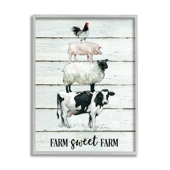 Stupell Industries Farm Sweet Farm Sentiment Cow Sheep Pig Stack Animals & Insects Painting Gray Framed Art Print Wall Art, 11 x 14