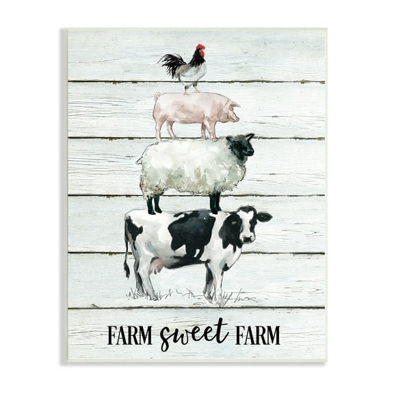 Stupell Industries Farm Sweet Farm Sentiment Cow Sheep Pig Stack Animals & Insects Painting Unframed Art Print Wall Art, 10 x 15