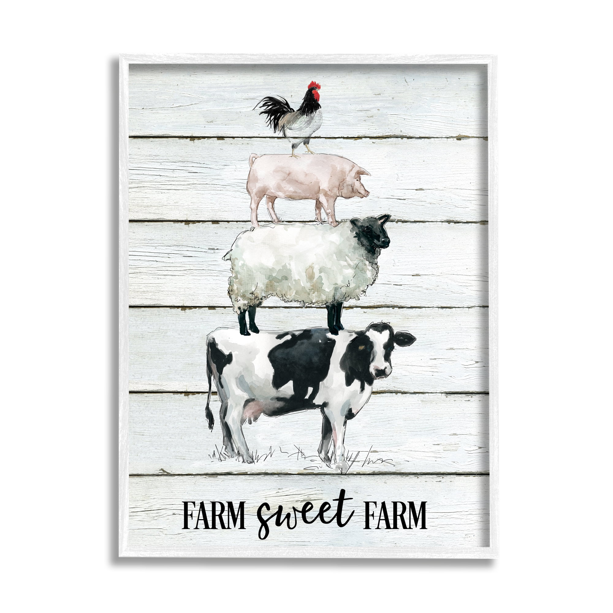 Stupell Industries Farm Sweet Farm Sentiment Cow Sheep Pig Stack Animals & Insects Painting White Framed Art Print Wall Art, 16 x 20