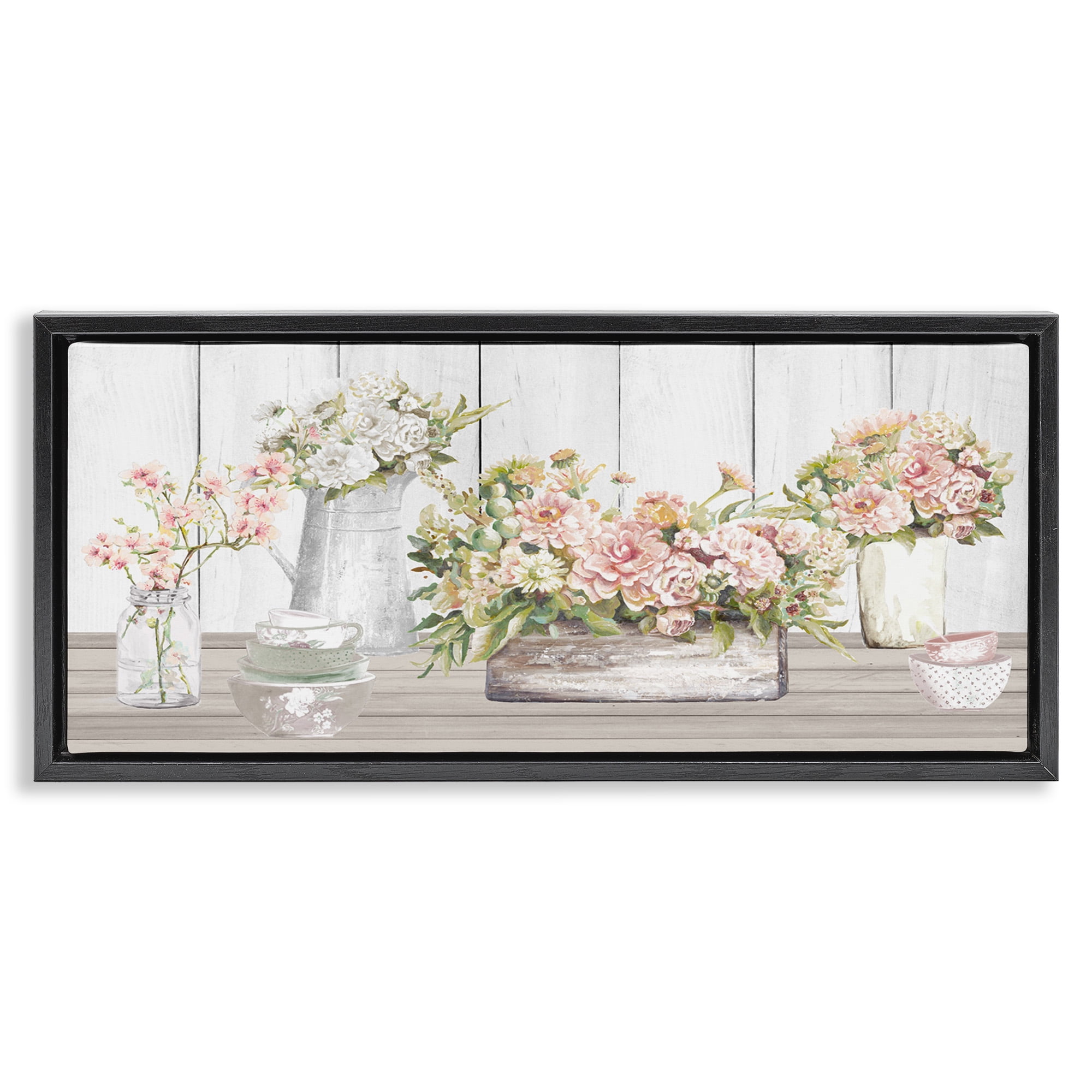 Stupell Industries Farm Table Bouquet Still Life Food & Beverage Painting Black Floater Framed Canvas Art Print Wall Art, 25 x 11