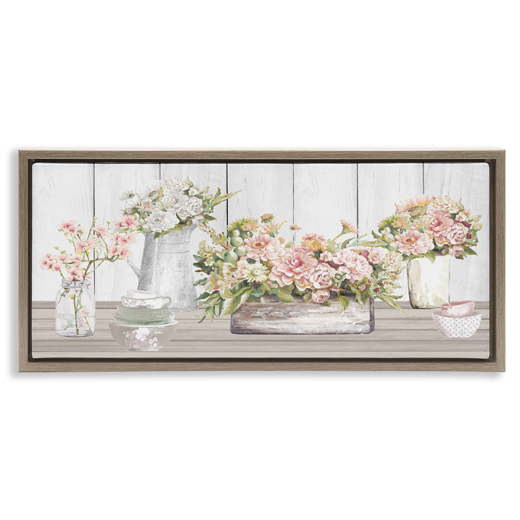 Stupell Industries Farm Table Bouquet Still Life Food & Beverage Painting Brown Floater Framed Canvas Art Print Wall Art, 31 x 14