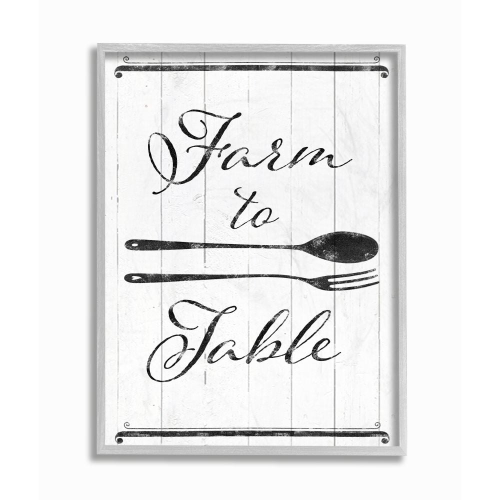 Stupell Industries Farm To Table Kitchen Silverware Wood Texture Word Design Graphic Art Gray Framed Art Print Wall Art, 11x14, by The Saturday Evening Post