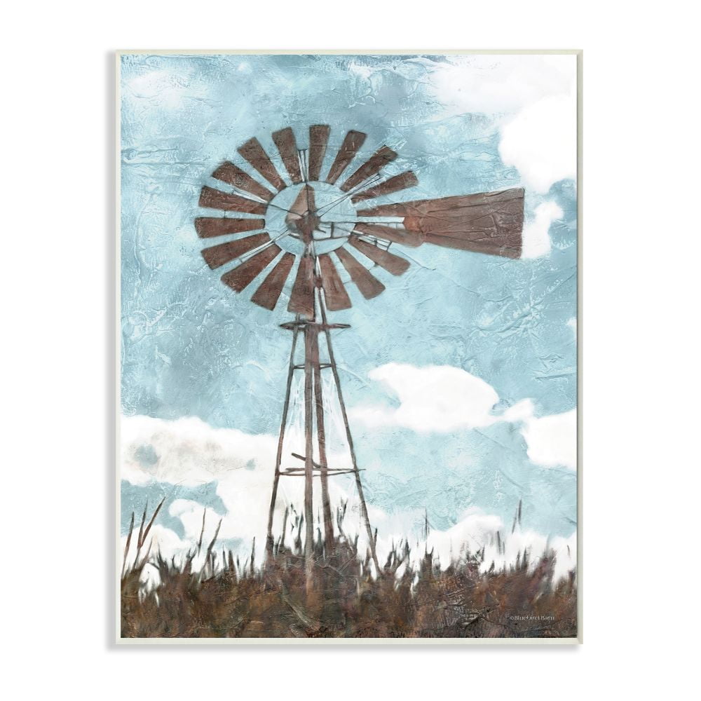 Stupell Industries Farm Windmill Blue Brown Painting Wall Plaque by Bluebird Barn, 10" x 15", Wall Plaque