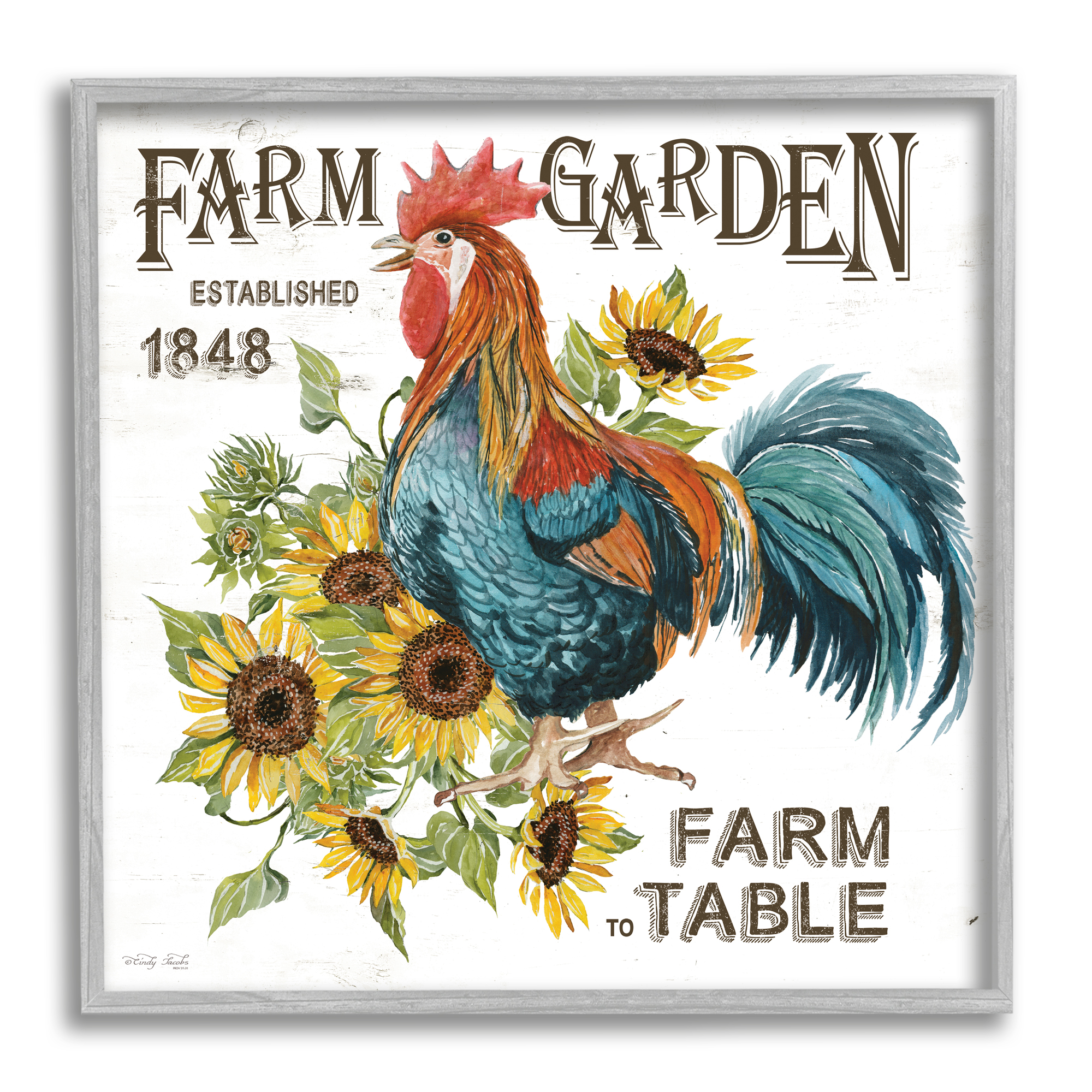 Stupell Industries Farm to Table Rooster Botanical & Floral Painting Gray Framed Art Print Wall Art, 24 x 24