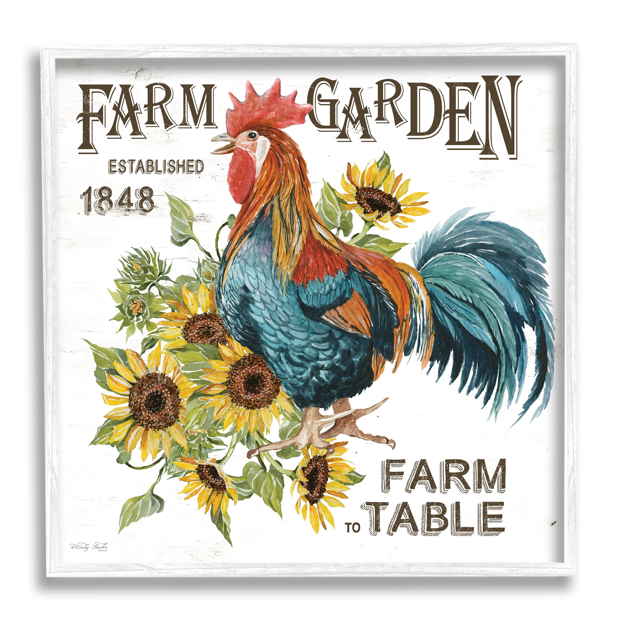 Stupell Industries Farm to Table Rooster Botanical & Floral Painting White Framed Art Print Wall Art, 12 x 12