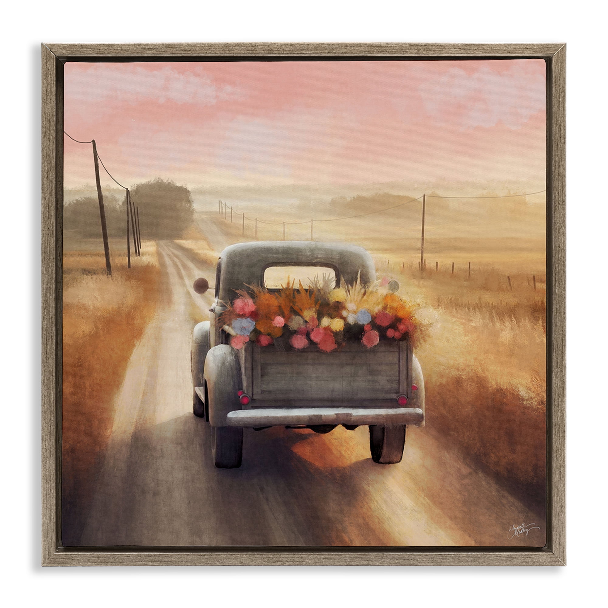Stupell Industries Farmer's Road Harvest Truck Transportation Painting Brown Floater Framed Canvas Art Print Wall Art, 18 x 18