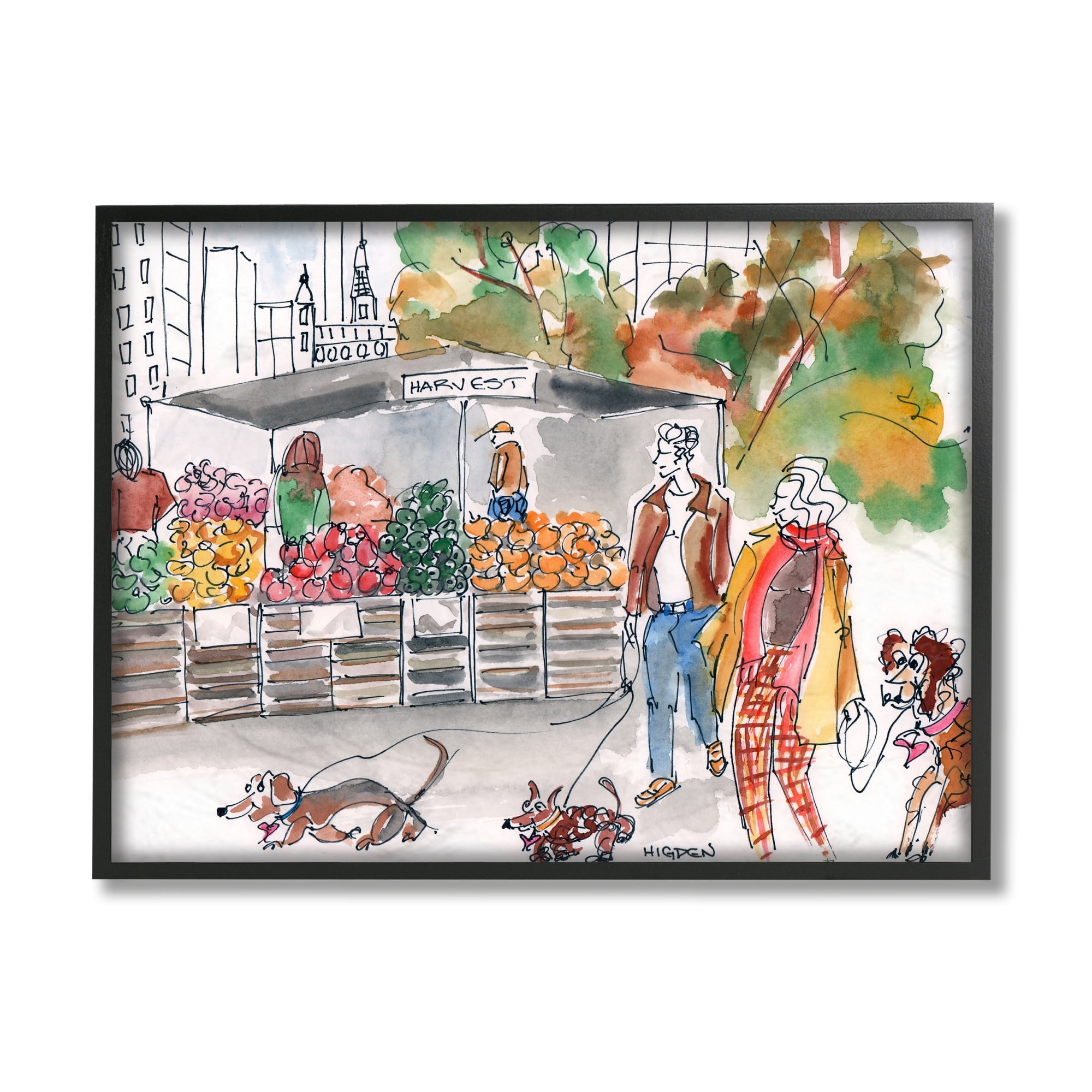 Stupell Industries Farmers Market Illustration City Dog Walkers Black Framed by Mark Higden