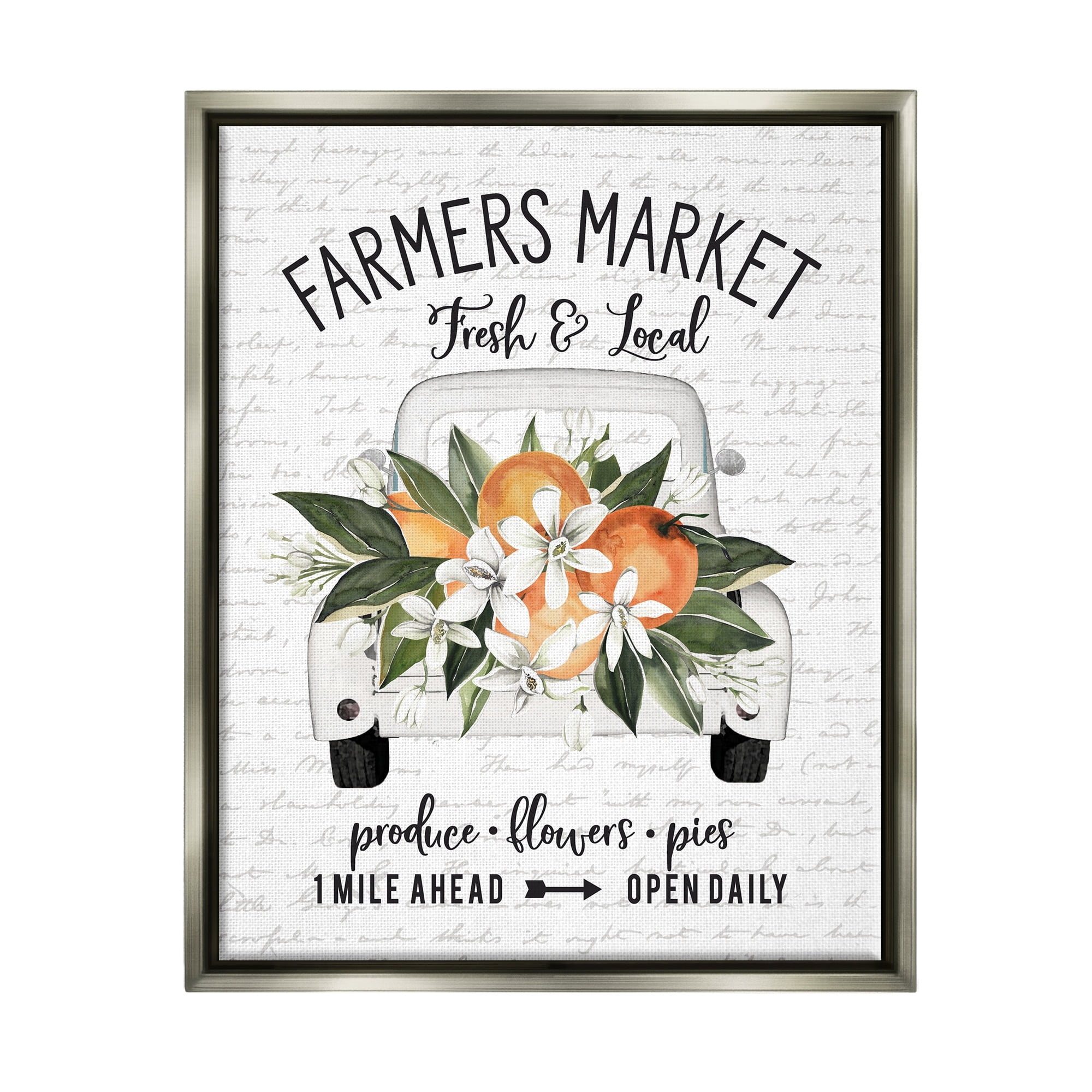 Stupell Industries Farmers Market Orange Blossom Truckload Rustic Sign Graphic Art Luster Gray Floating Framed Canvas Print Wall Art, Design by Lettered and Lined