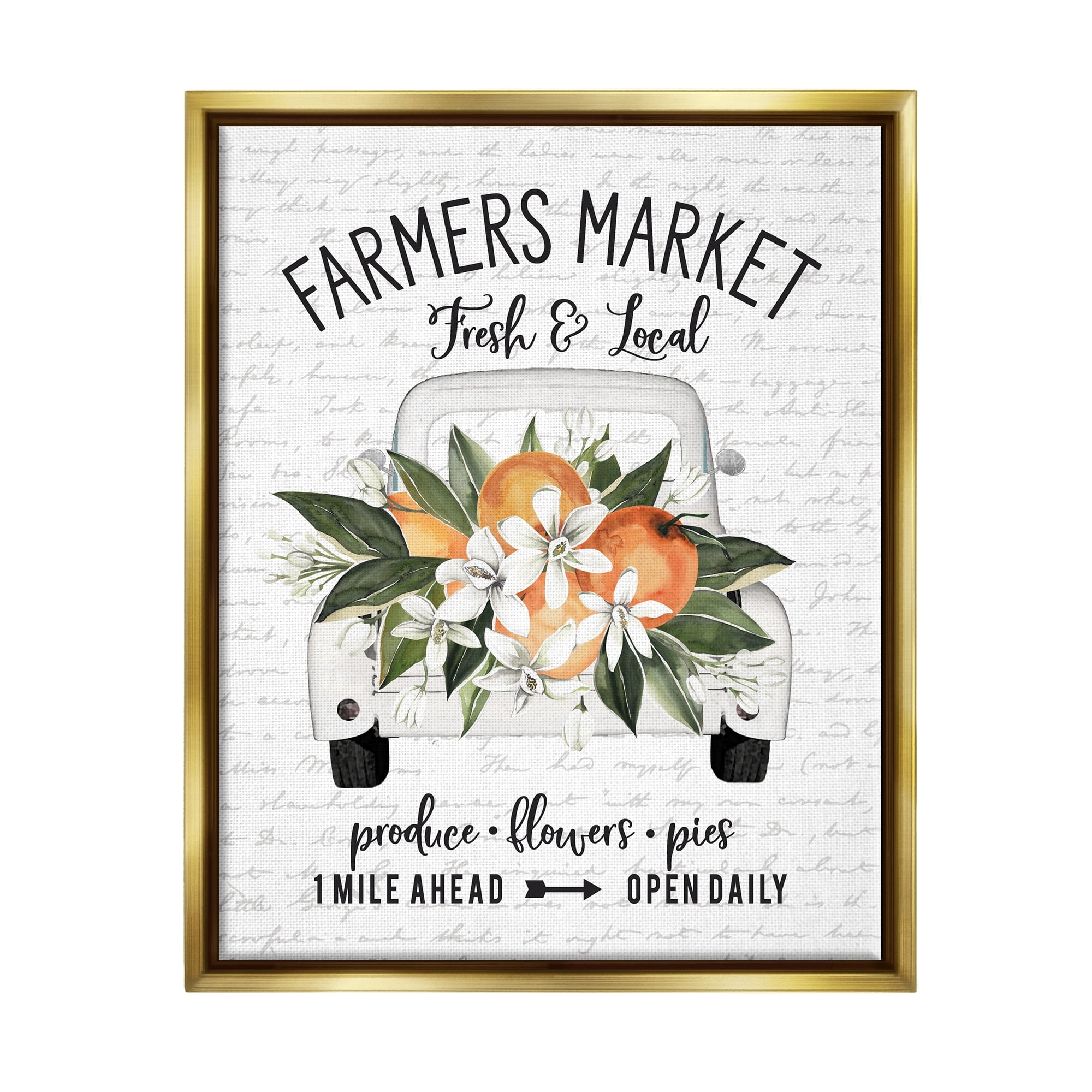 Stupell Industries Farmers Market Orange Blossom Truckload Rustic Sign Graphic Art Metallic Gold Floating Framed Canvas Print Wall Art, Design by Lettered and Lined