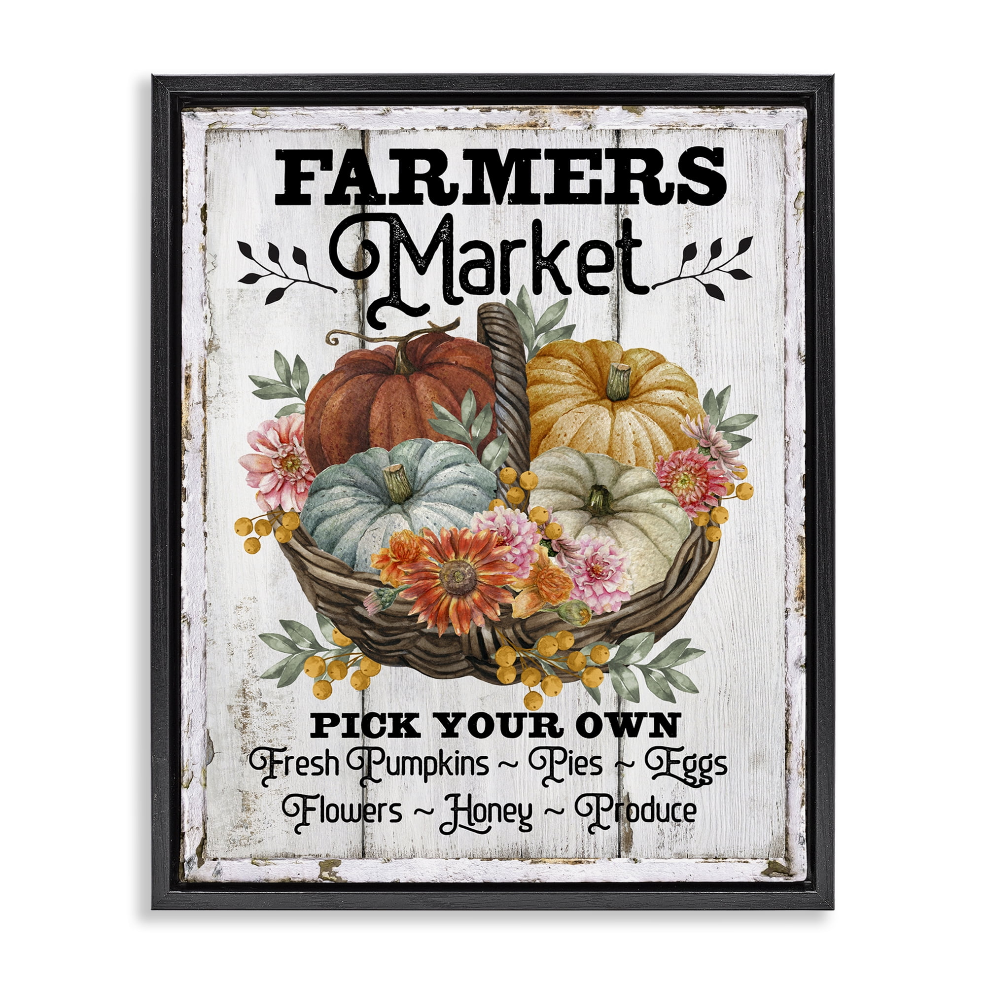 Stupell Industries Farmers Market Pumpkin Basket Holiday Painting Black Floater Framed Canvas Art Prints Wall Art, 25 x 31