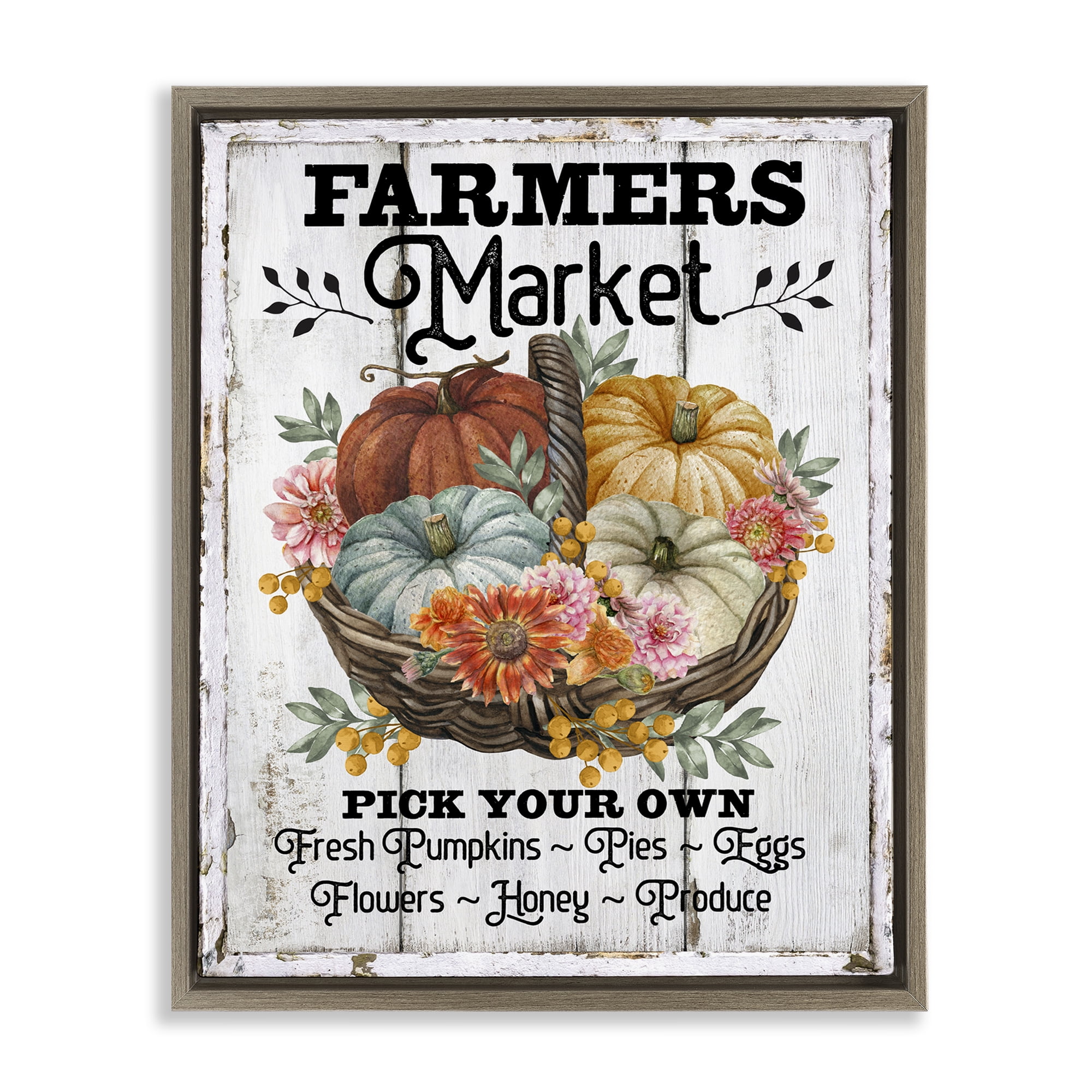 Stupell Industries Farmers Market Pumpkin Basket Holiday Painting Brown Floater Framed Canvas Art Prints Wall Art, 25 x 31