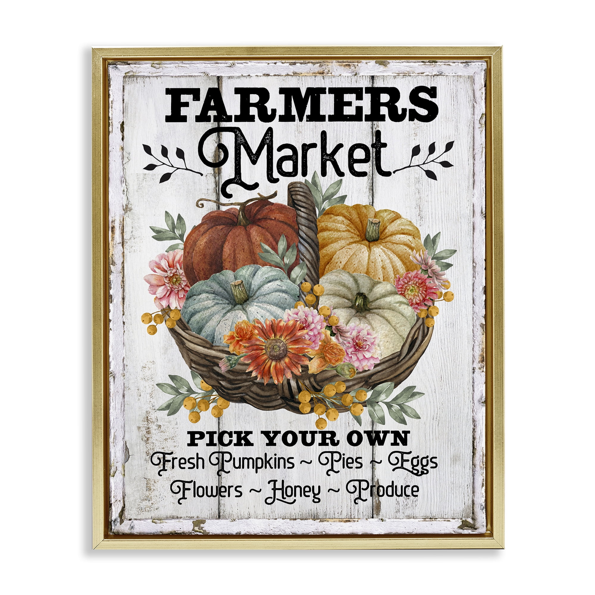 Stupell Industries Farmers Market Pumpkin Basket Holiday Painting Gold Floater Framed Canvas Art Prints Wall Art, 17 x 21