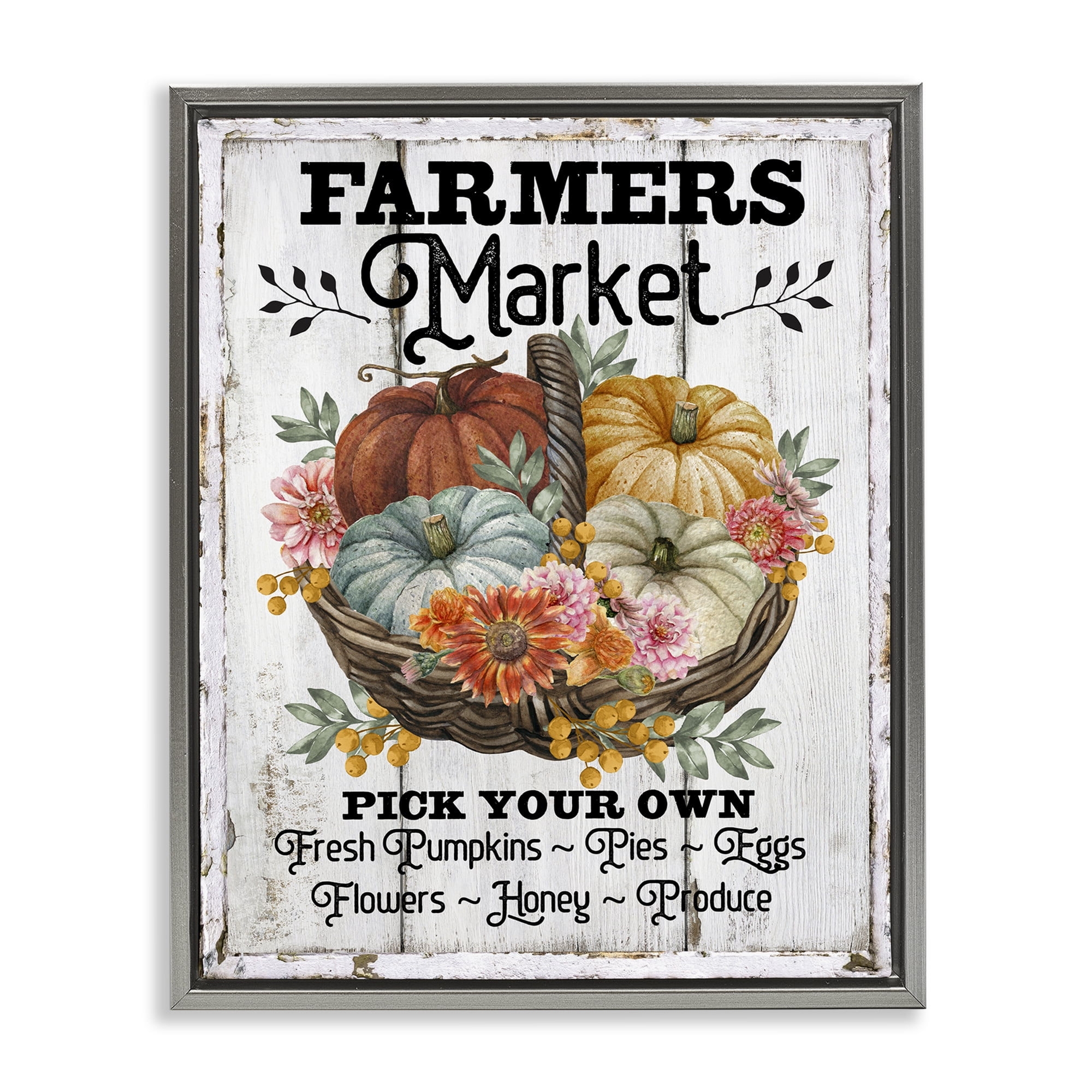 Stupell Industries Farmers Market Pumpkin Basket Holiday Painting Gray Floater Framed Canvas Art Prints Wall Art, 25 x 31