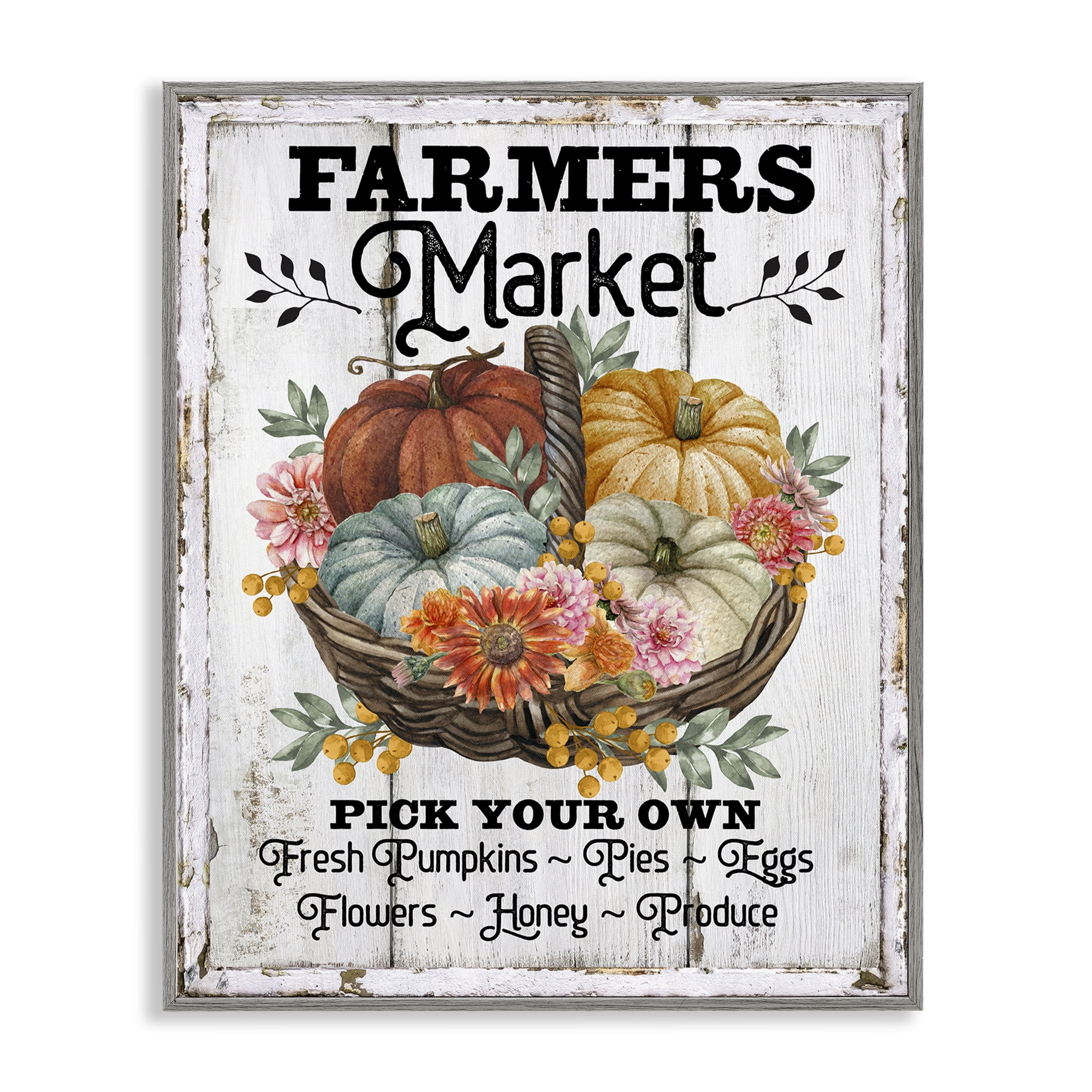 Stupell Industries Farmers Market Pumpkin Basket Holiday Painting Gray Framed Art Prints Wall Art, 24 x 30