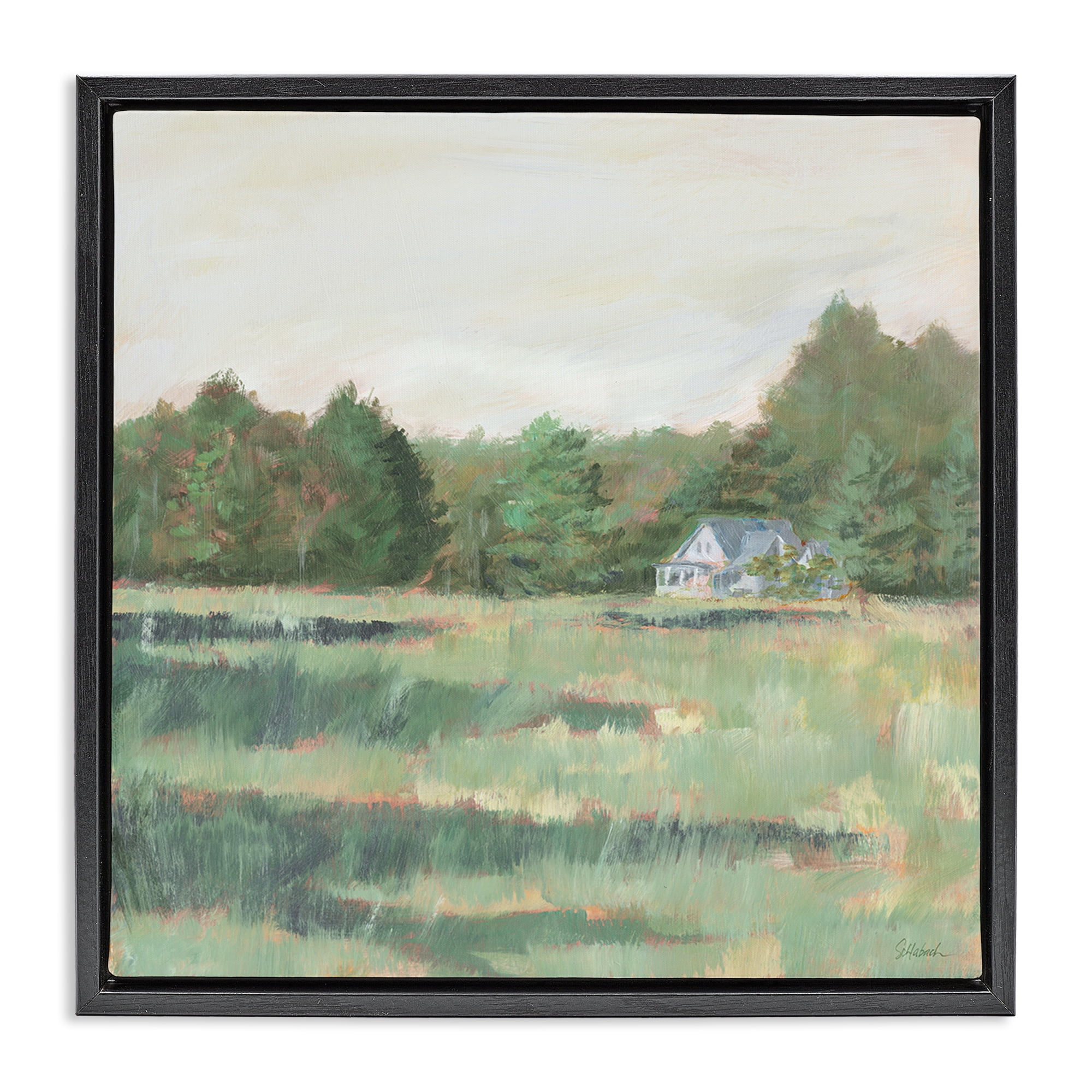 Stupell Industries Farmhouse Across Meadow Landscape Painting Black Floater Framed Art Print Wall Art, 18 x 18