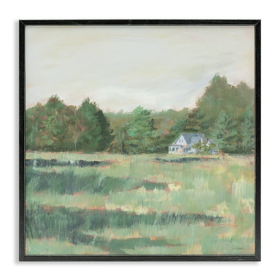 Stupell Industries Farmhouse Across Meadow Landscape Painting Black Framed Art Print Wall Art, 12 x 12