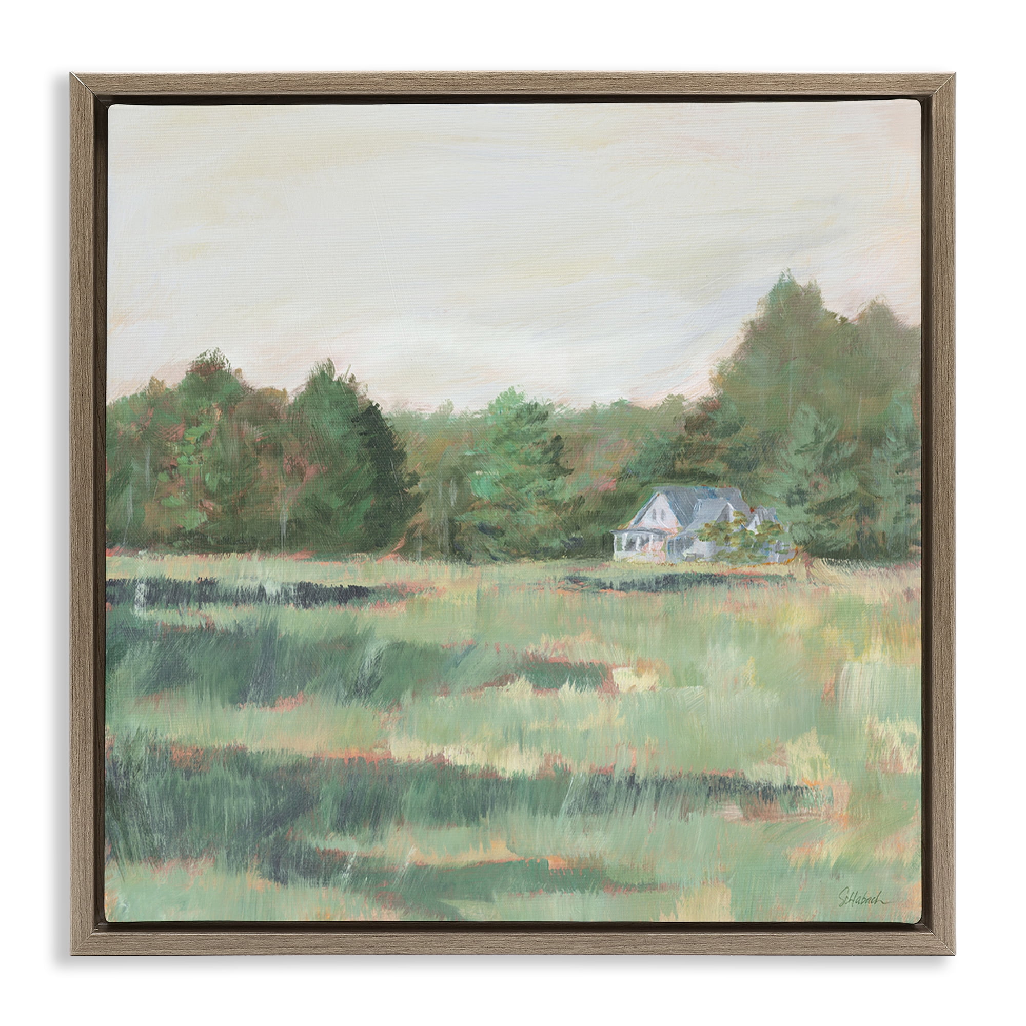 Stupell Industries Farmhouse Across Meadow Landscape Painting Brown Floater Framed Art Print Wall Art, 18 x 18
