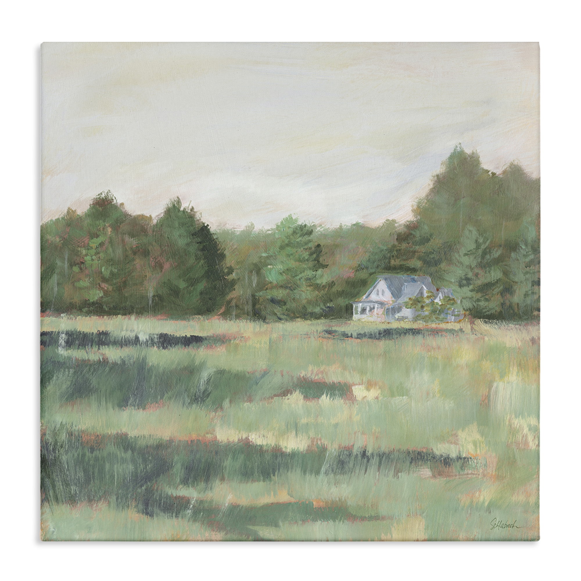 Stupell Industries Farmhouse Across Meadow Landscape Painting Gallery Wrapped Canvas Art Print Wall Art, 30 x 30