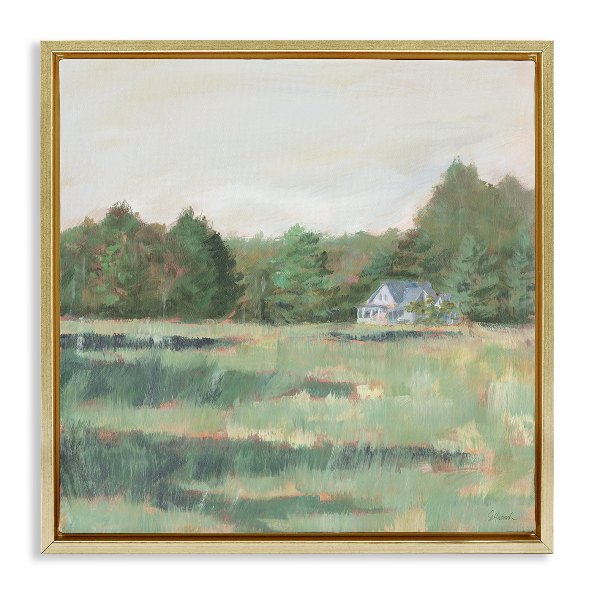Stupell Industries Farmhouse Across Meadow Landscape Painting Gold Floater Framed Art Print Wall Art, 18 x 18