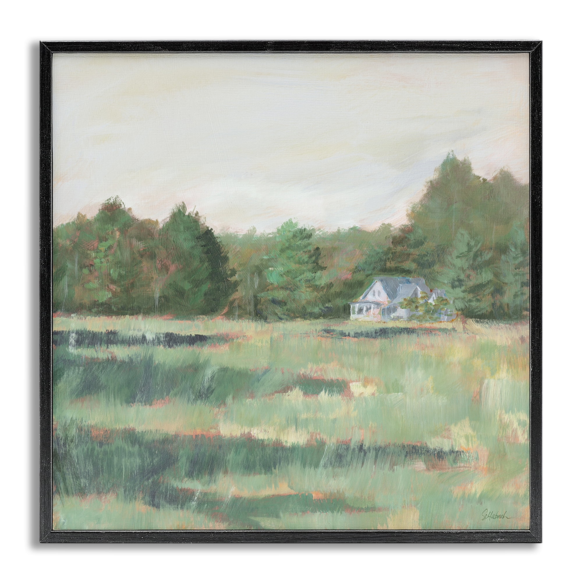 Stupell Industries Farmhouse Across Meadow Landscape Painting Gray Framed Art Print Wall Art, 12 x 12