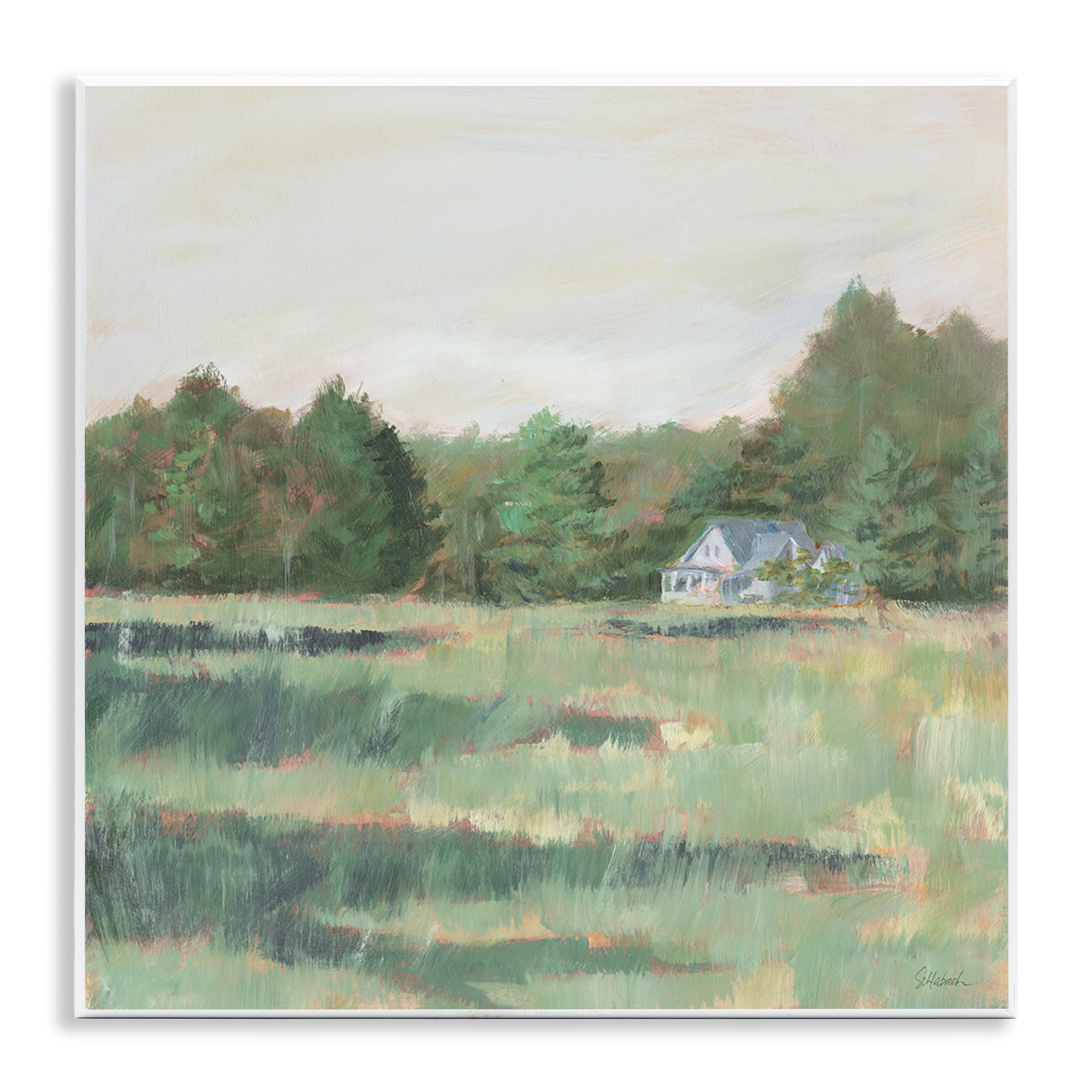 Stupell Industries Farmhouse Across Meadow Landscape Painting Unframed Art Print Wall Art, 12 x 12