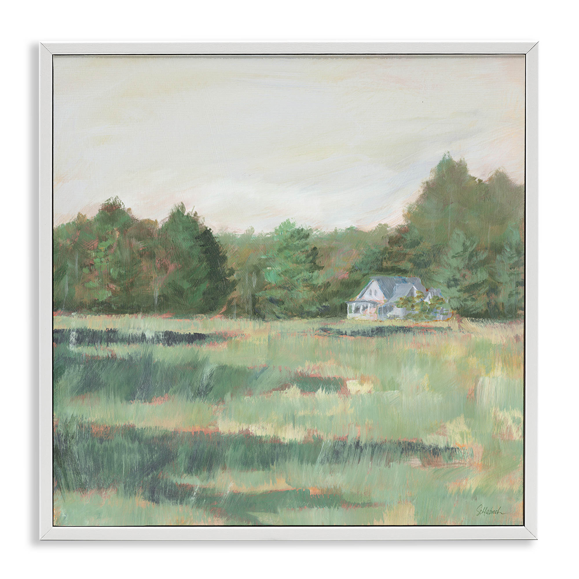 Stupell Industries Farmhouse Across Meadow Landscape Painting White Framed Art Print Wall Art, 12 x 12