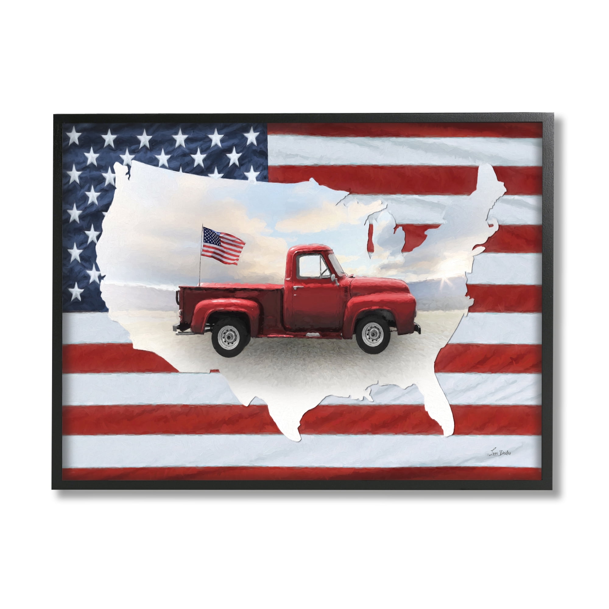 Stupell Industries Farmhouse American Flag Transportation Painting Black Framed Art Print Wall Art, 30 x 24