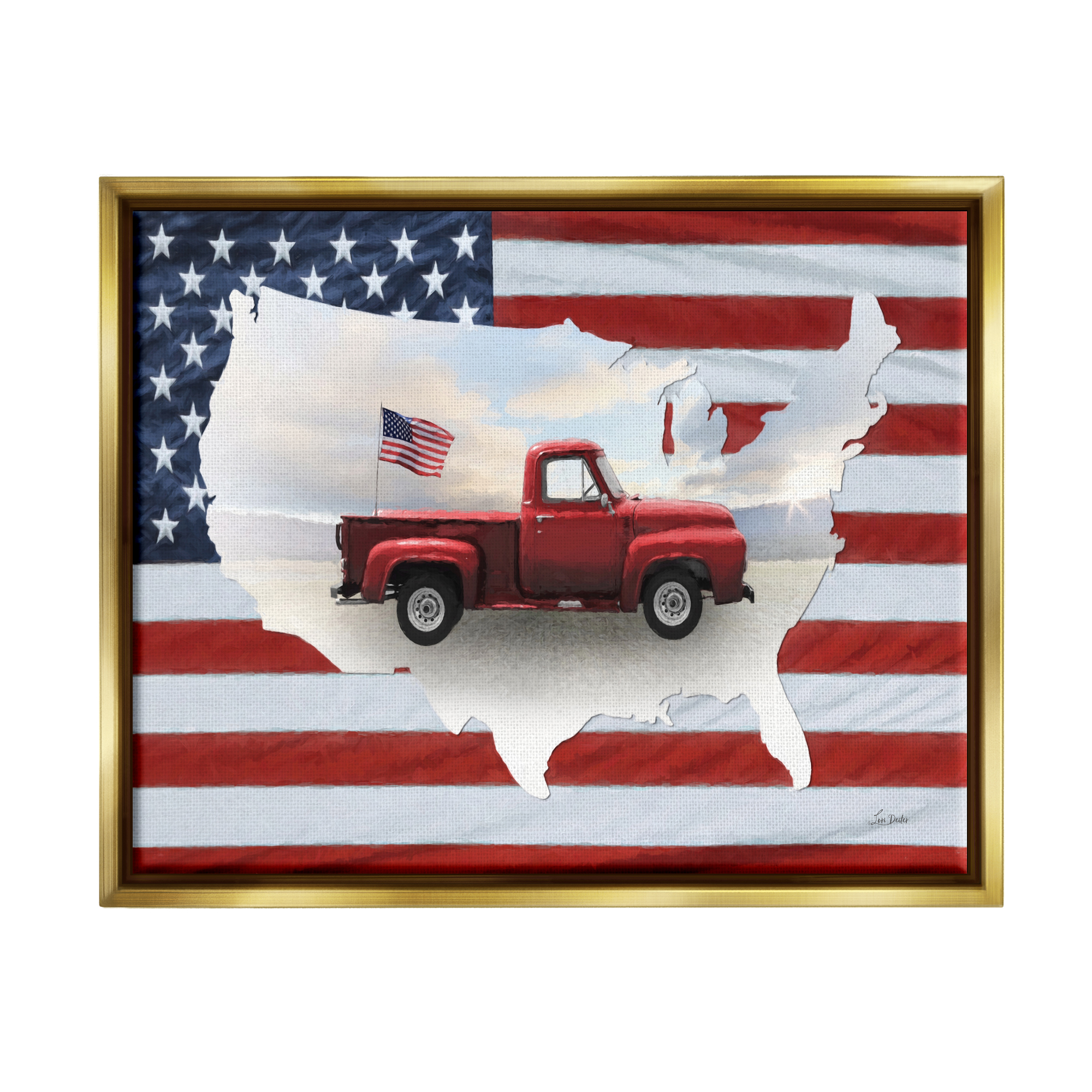 Stupell Industries Farmhouse American Flag Transportation Painting Gold Floater Framed Art Print Wall Art, 31 x 25