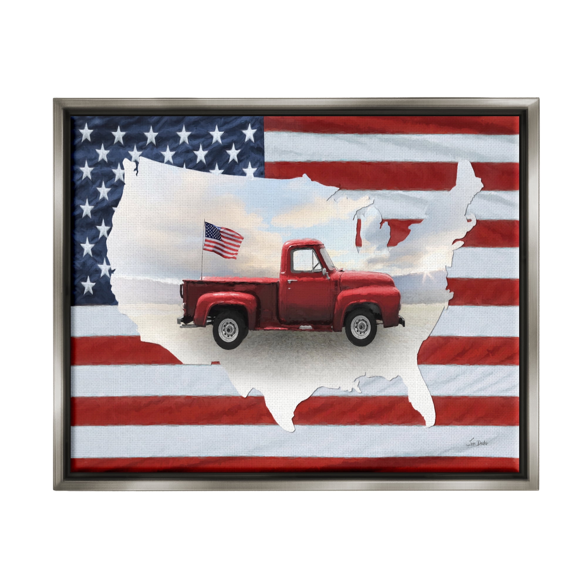 Stupell Industries Farmhouse American Flag Transportation Painting Gray Floater Framed Art Print Wall Art, 21 x 17