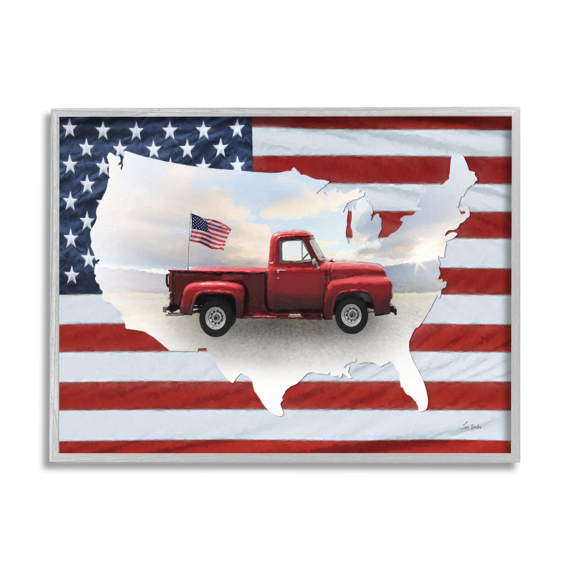 Stupell Industries Farmhouse American Flag Transportation Painting Gray Framed Art Print Wall Art, 14 x 11