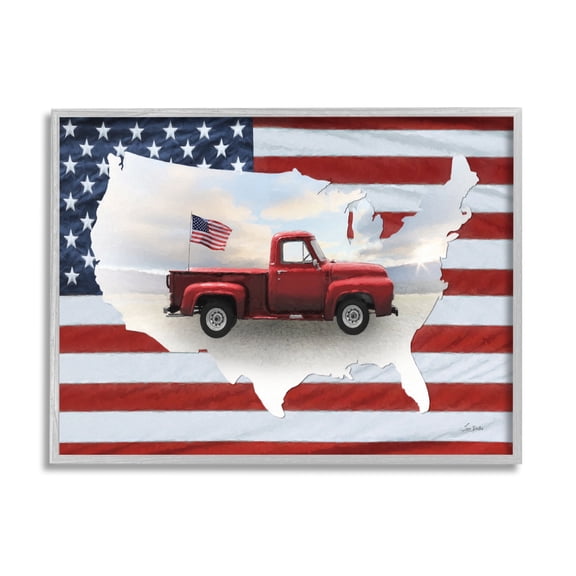 Stupell Industries Farmhouse American Flag Transportation Painting Gray Framed Art Print Wall Art, 14 x 11