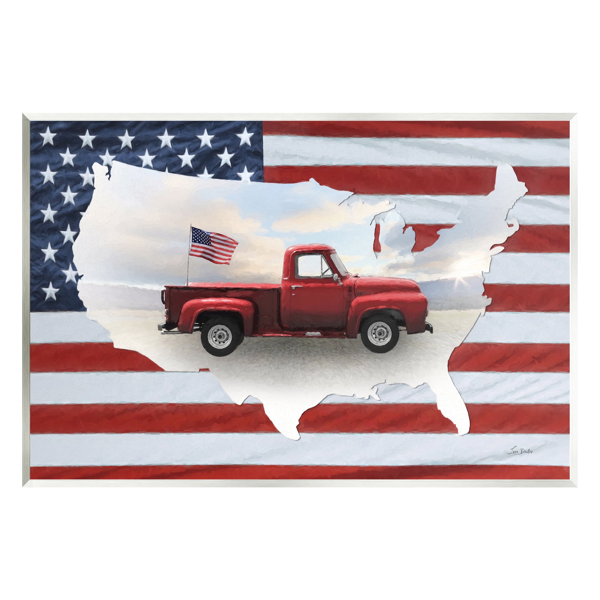 Stupell Industries Farmhouse American Flag Transportation Painting Unframed Art Print Wall Art, 15 x 10