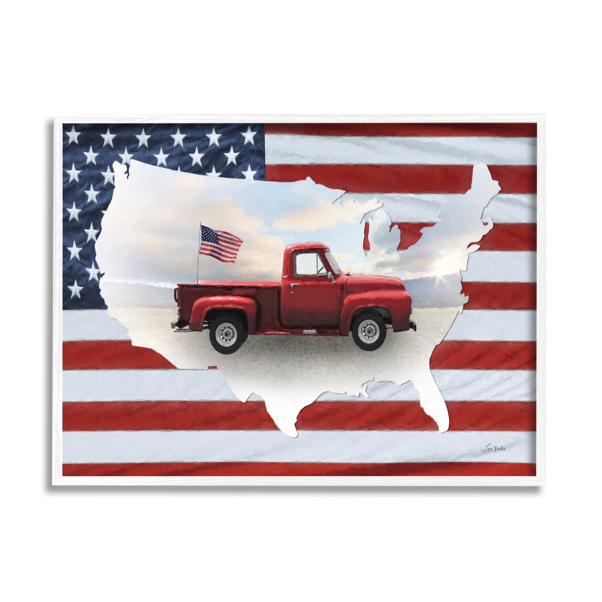 Stupell Industries Farmhouse American Flag Transportation Painting White Framed Art Print Wall Art, 20 x 16
