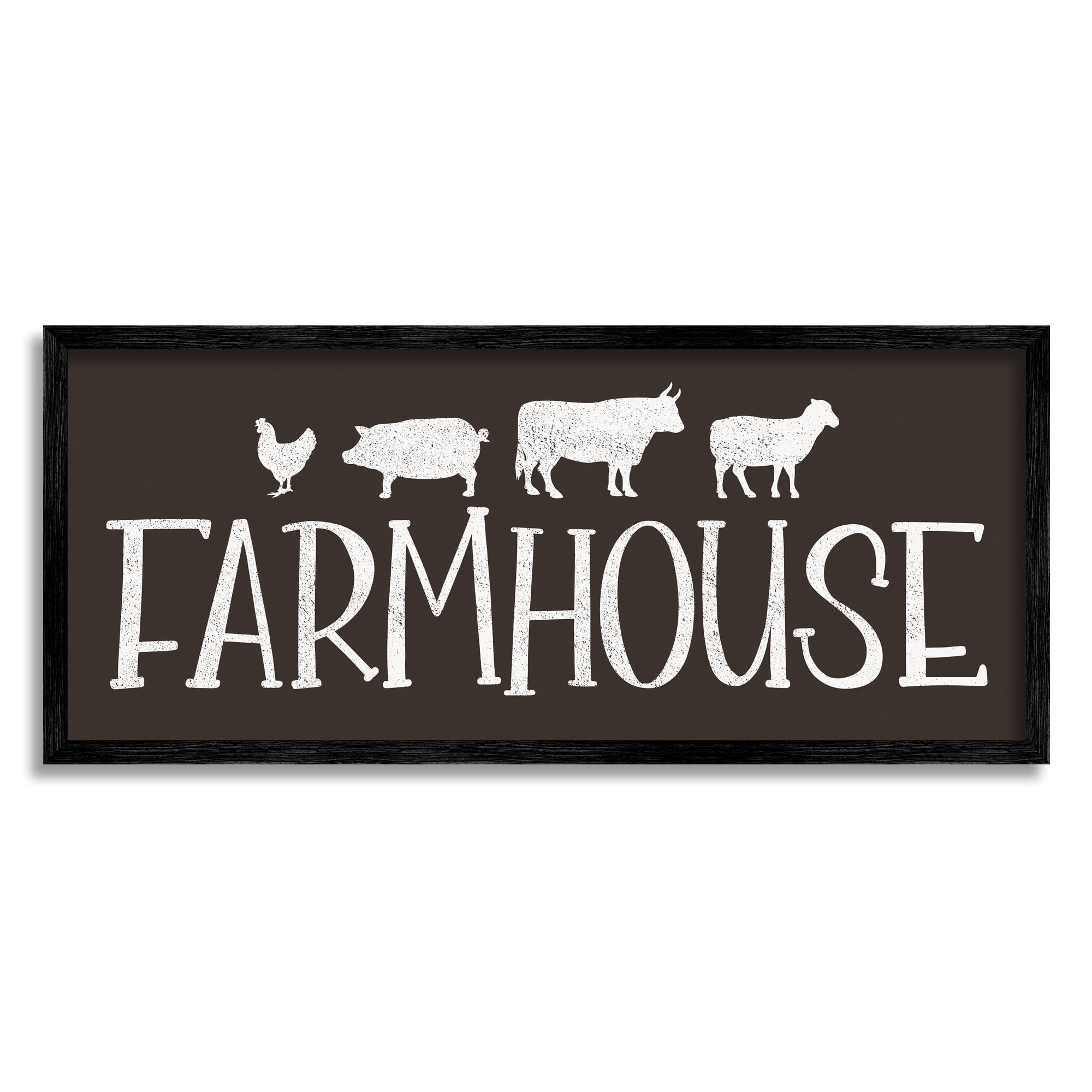 Stupell Industries Farmhouse Animals Sign Black White Pig Cow Chicken Animals & Insects Painting Black Framed Art Print Wall Art, 10 x 24