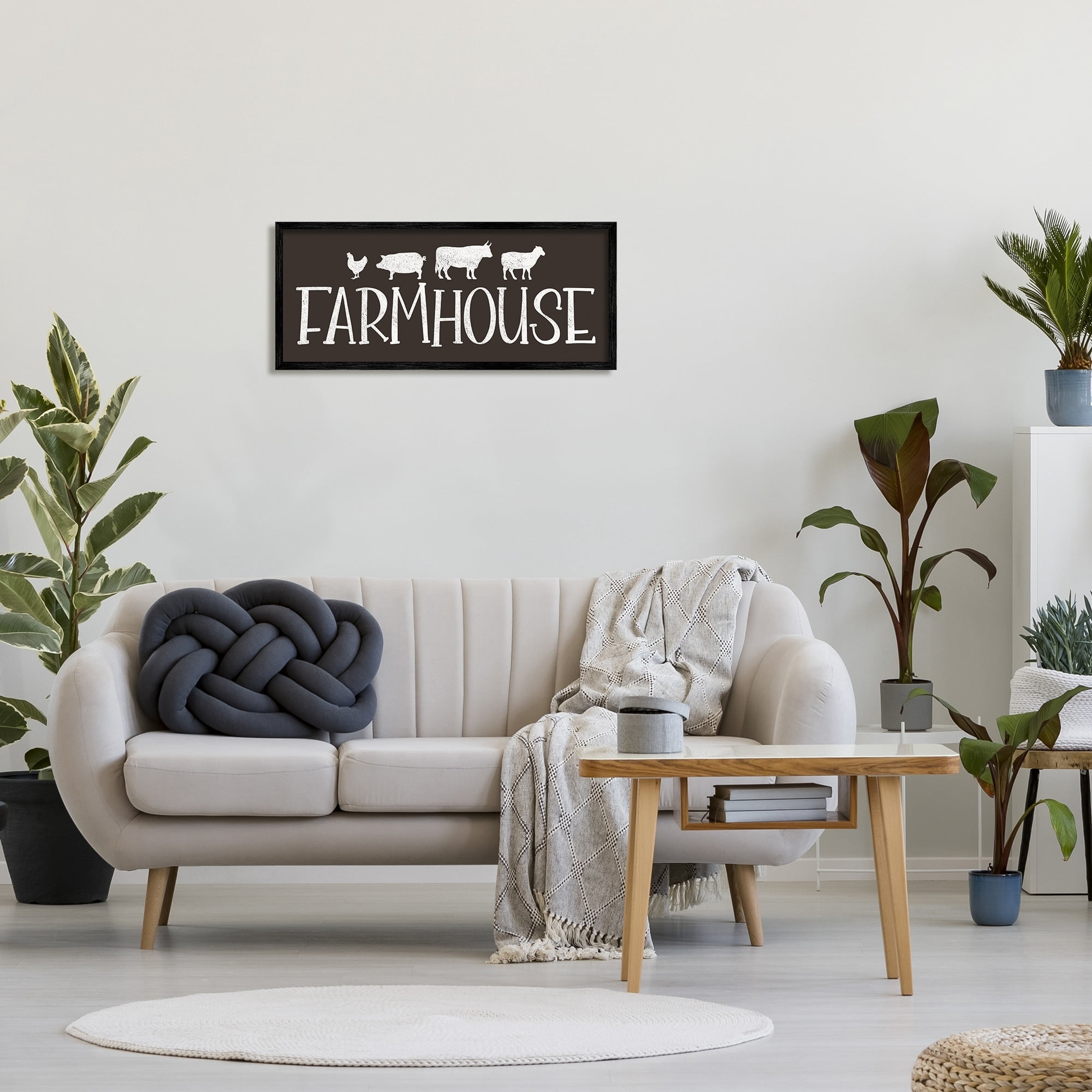 Stupell Industries Farmhouse Animals Sign Black White Pig Cow Chicken Animals & Insects Painting Black Framed Art Print Wall Art, 13 x 30