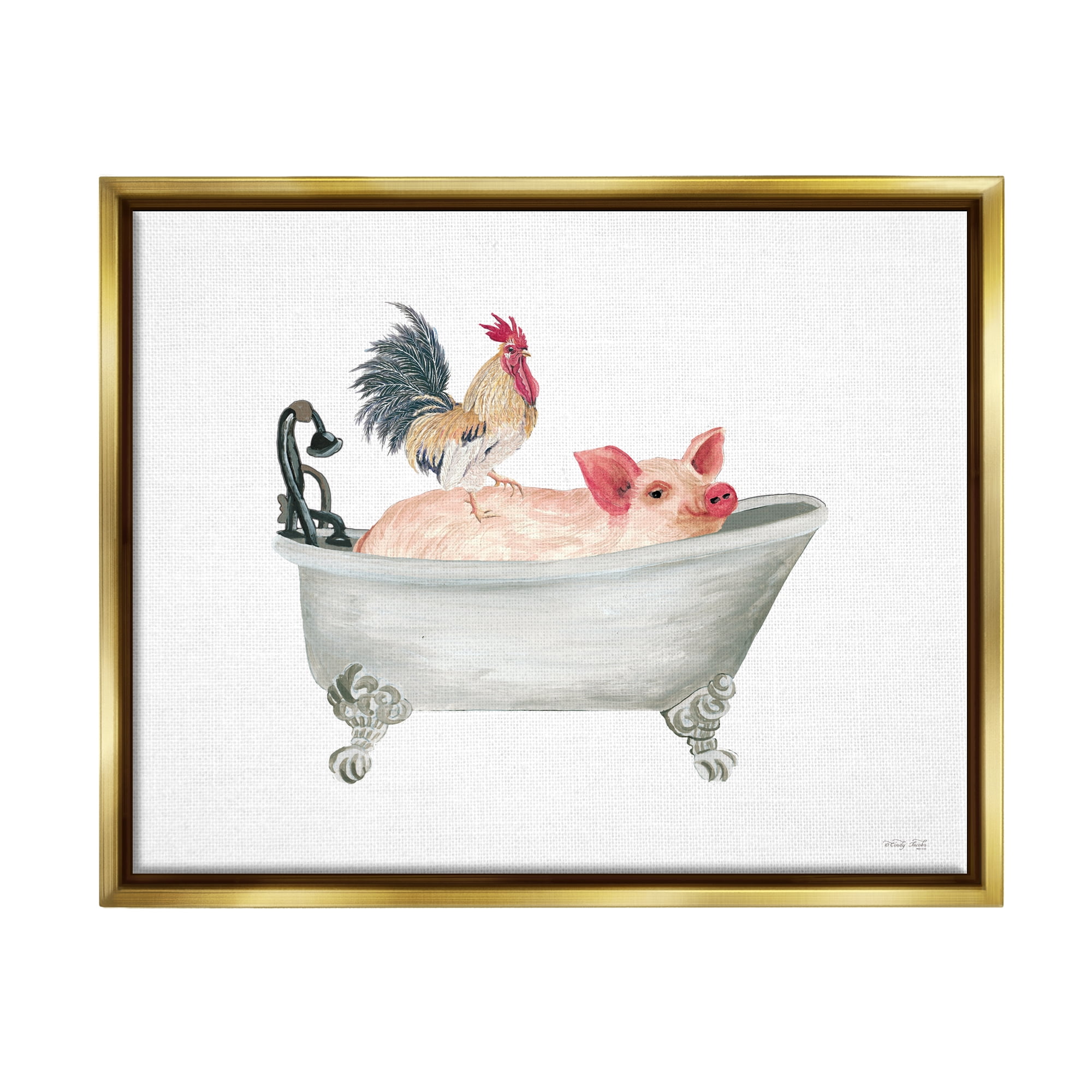 Stupell Industries Farmhouse Animals Tub Animals & Insects Painting Gold Floater Framed Canvas Art Print Wall Art, 21 x 17
