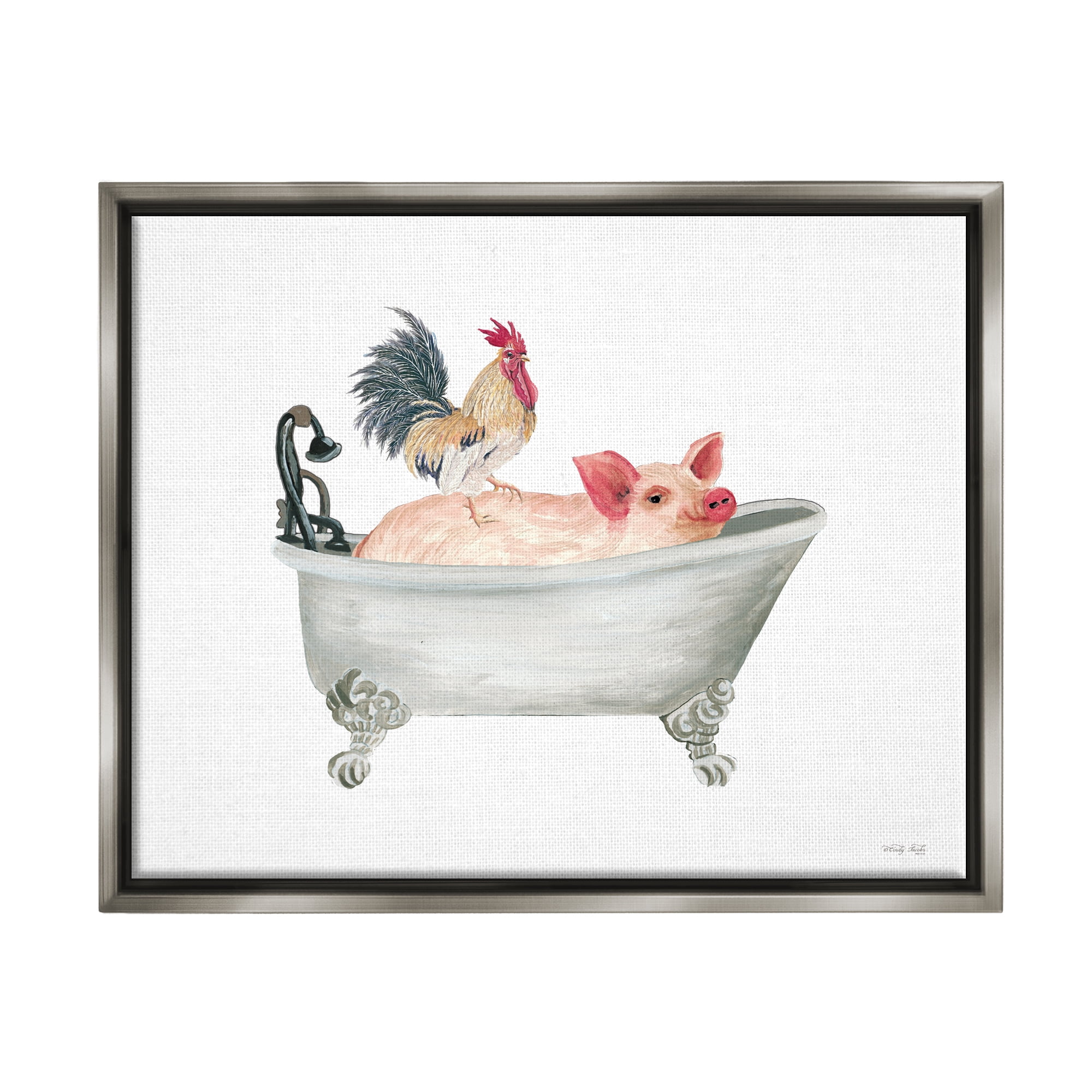 Stupell Industries Farmhouse Animals Tub Animals & Insects Painting Gray Floater Framed Canvas Art Print Wall Art, 21 x 17