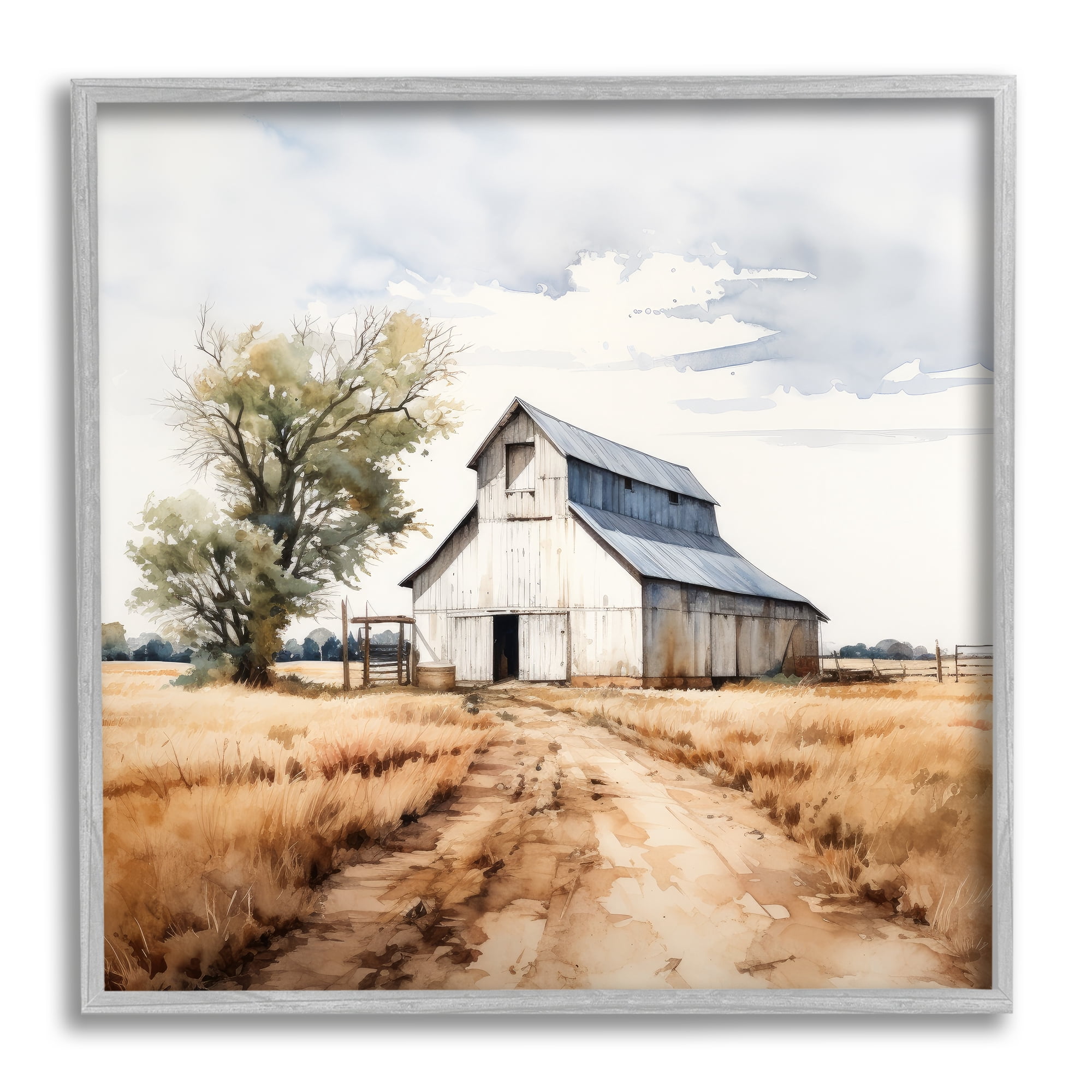 Stupell Industries Farmhouse Barn Landscape Landscape Painting Gray Framed Art Print Wall Art, 12 x 12