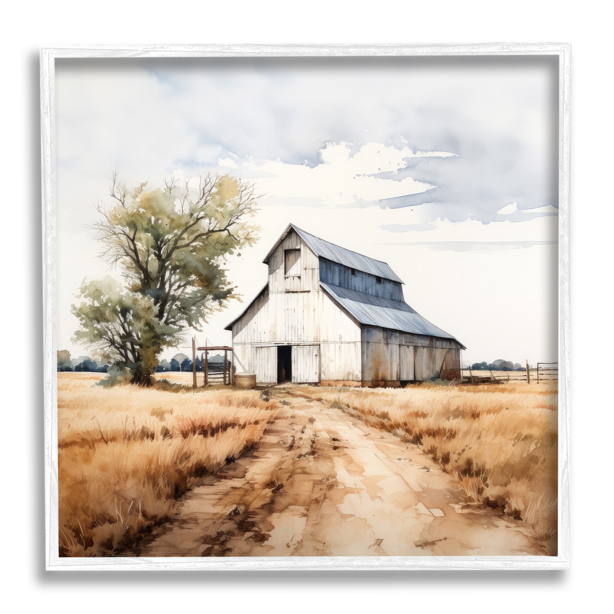 Stupell Industries Farmhouse Barn Landscape Landscape Painting White Framed Art Print Wall Art, 12 x 12