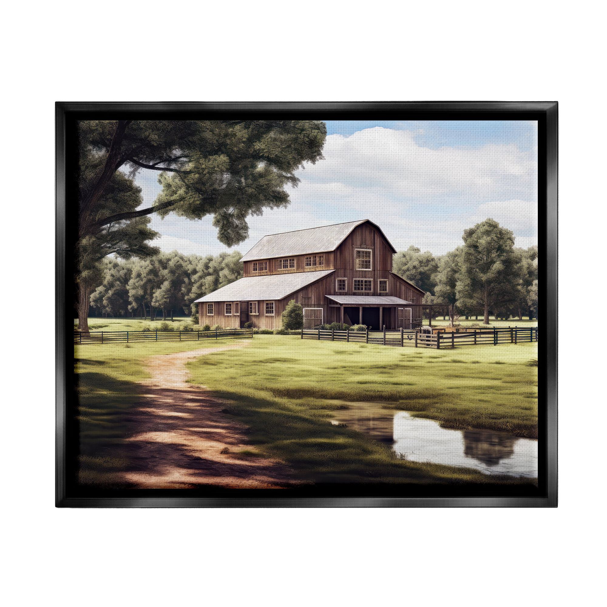 Stupell Industries Farmhouse Barn & Stream Landscape Painting Black Floater Framed Canvas Art Print Wall Art, 21 x 17
