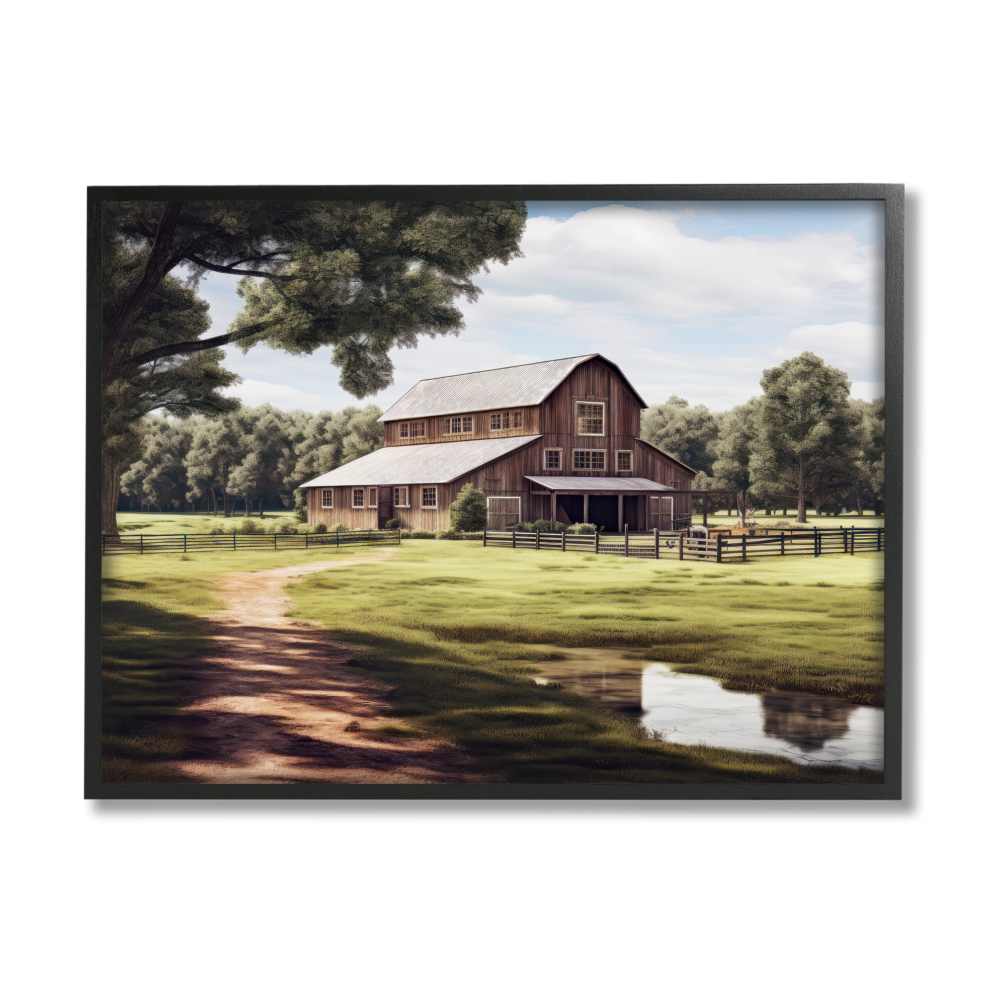 Stupell Industries Farmhouse Barn & Stream Landscape Painting Black Framed Art Print Wall Art, 20 x 16