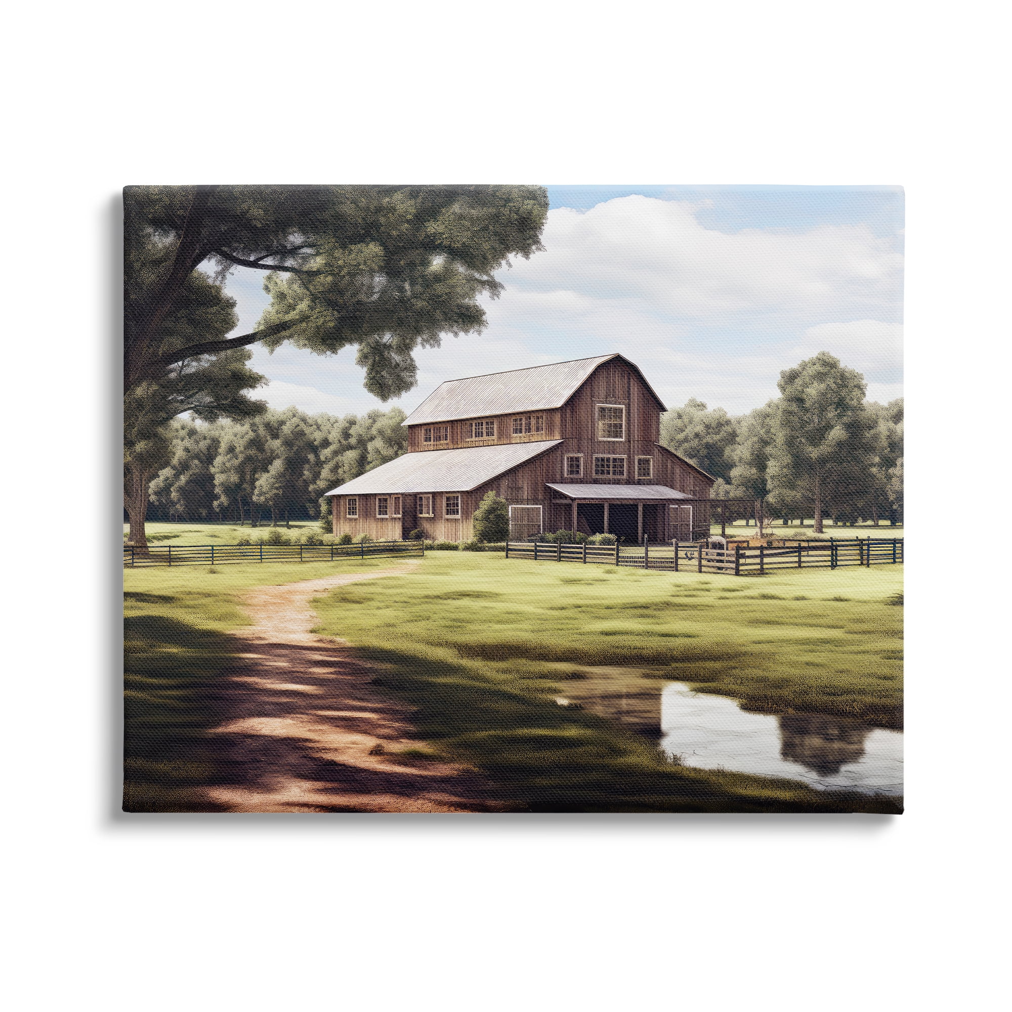 Stupell Industries Farmhouse Barn & Stream Landscape Painting Gallery Wrapped Canvas Art Print Wall Art, 20 x 16